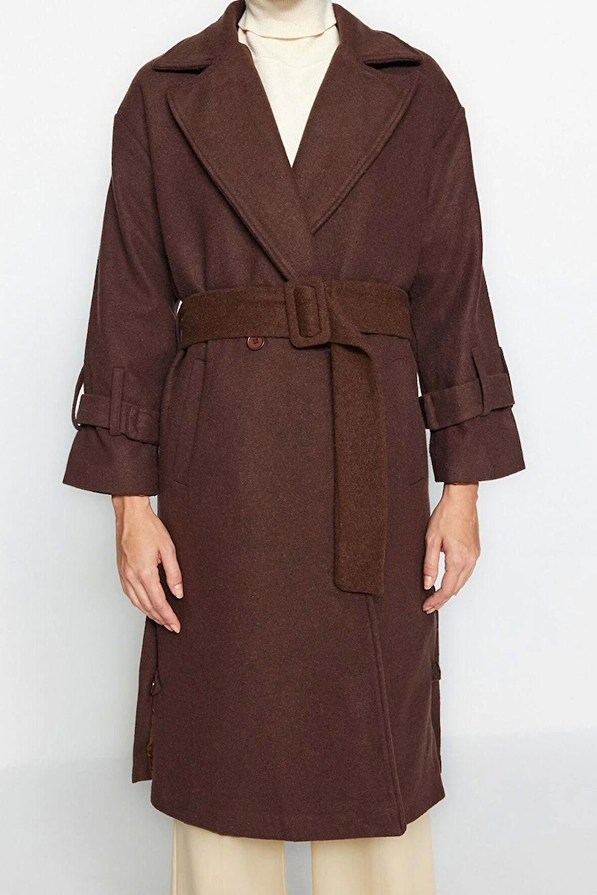 Kadın Moda Şık Bol Ceket Yaka Uzun Düz Astarlı Oversize Geniş Kesim Kemerli Uzun Yünlü Kaşe Kaban