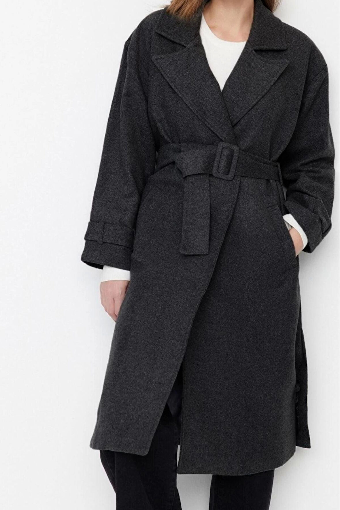 Kadın Moda Şık Bol Ceket Yaka Uzun Düz Astarlı Oversize Geniş Kesim Kemerli Uzun Yünlü Kaşe Kaban