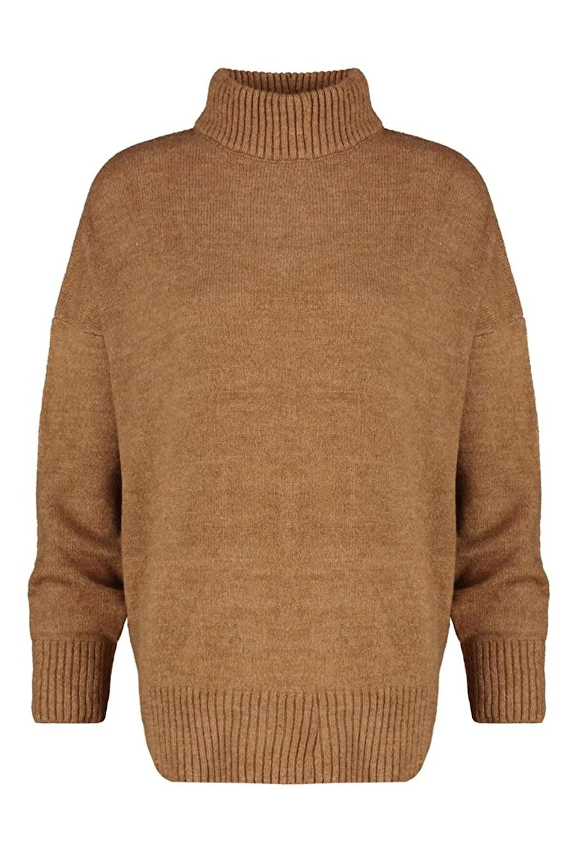 Kadın Moda Şık Regular Dik Yaka Uzun Kol Düz Geniş Kalıp Yumuşak Dokulu Triko Kazak