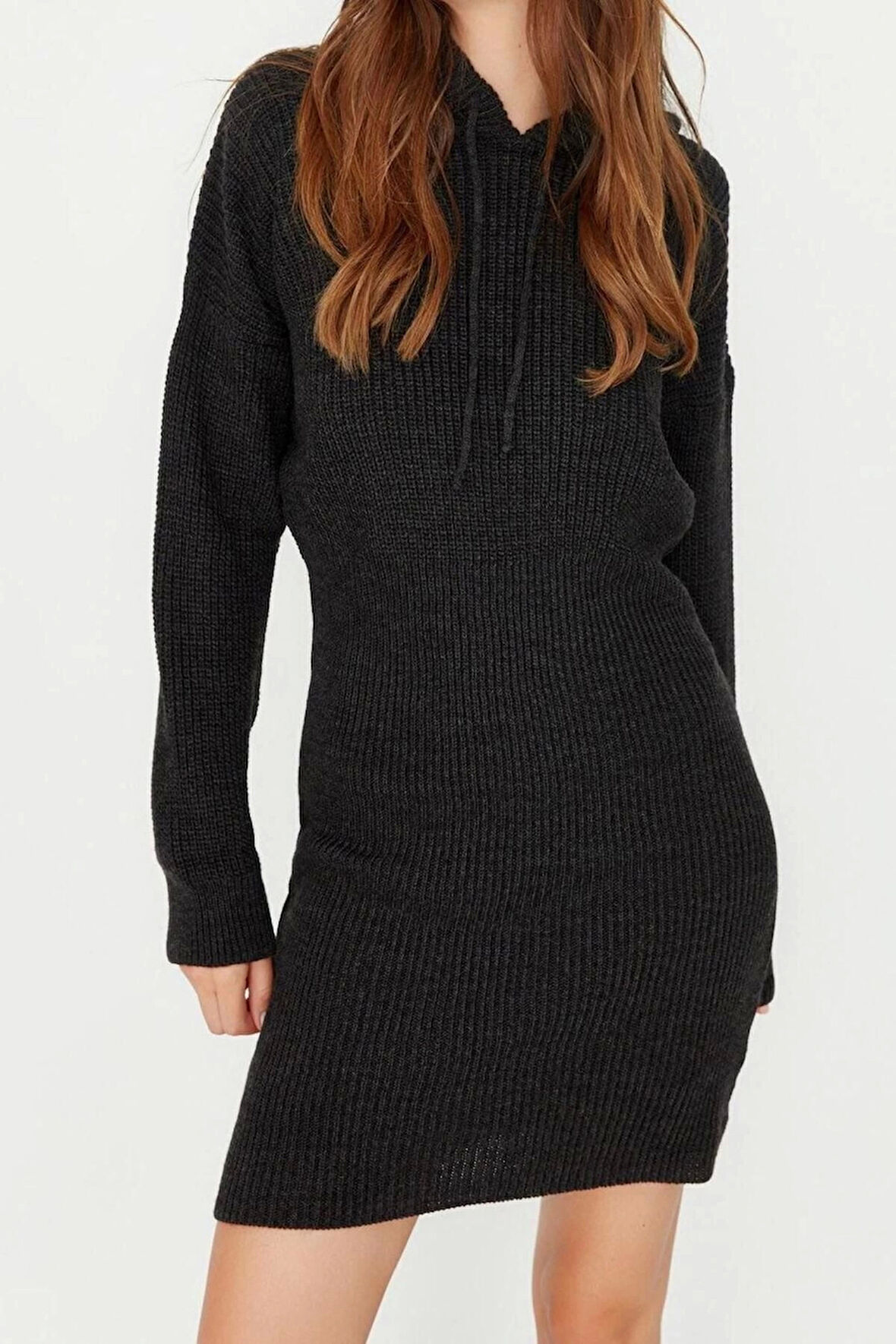 Yeni Regular Casual Günlük Dolu İğne Triko Kapüşonlu Uzun Kol Kazak Elbise Mini Boy Elbise