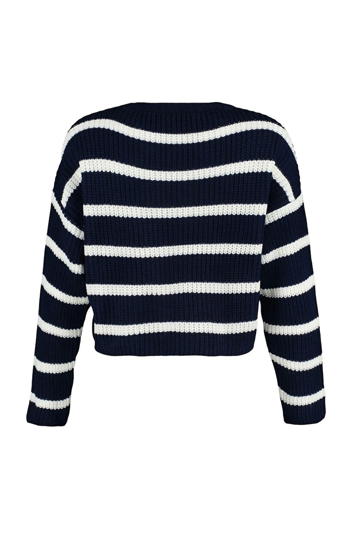 Kadın Moda Şık Bisiklet Yaka Düşük Kol Crop Basic Çizgili Triko Kazak