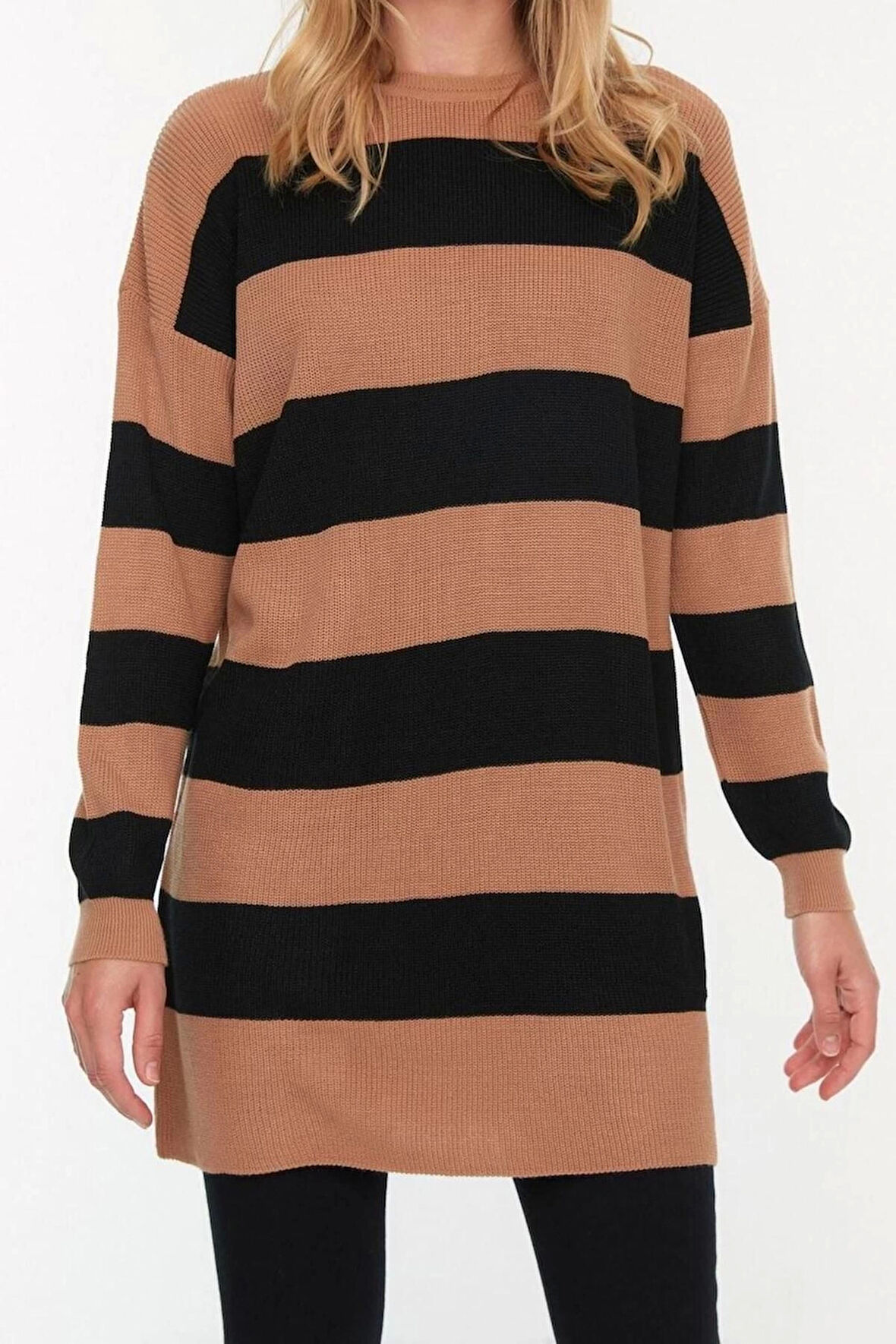 Kadın Moda Şık Tesettür Bisiklet Yaka Düşük Kol Midi Kahverengi Çizgili Triko Kazak