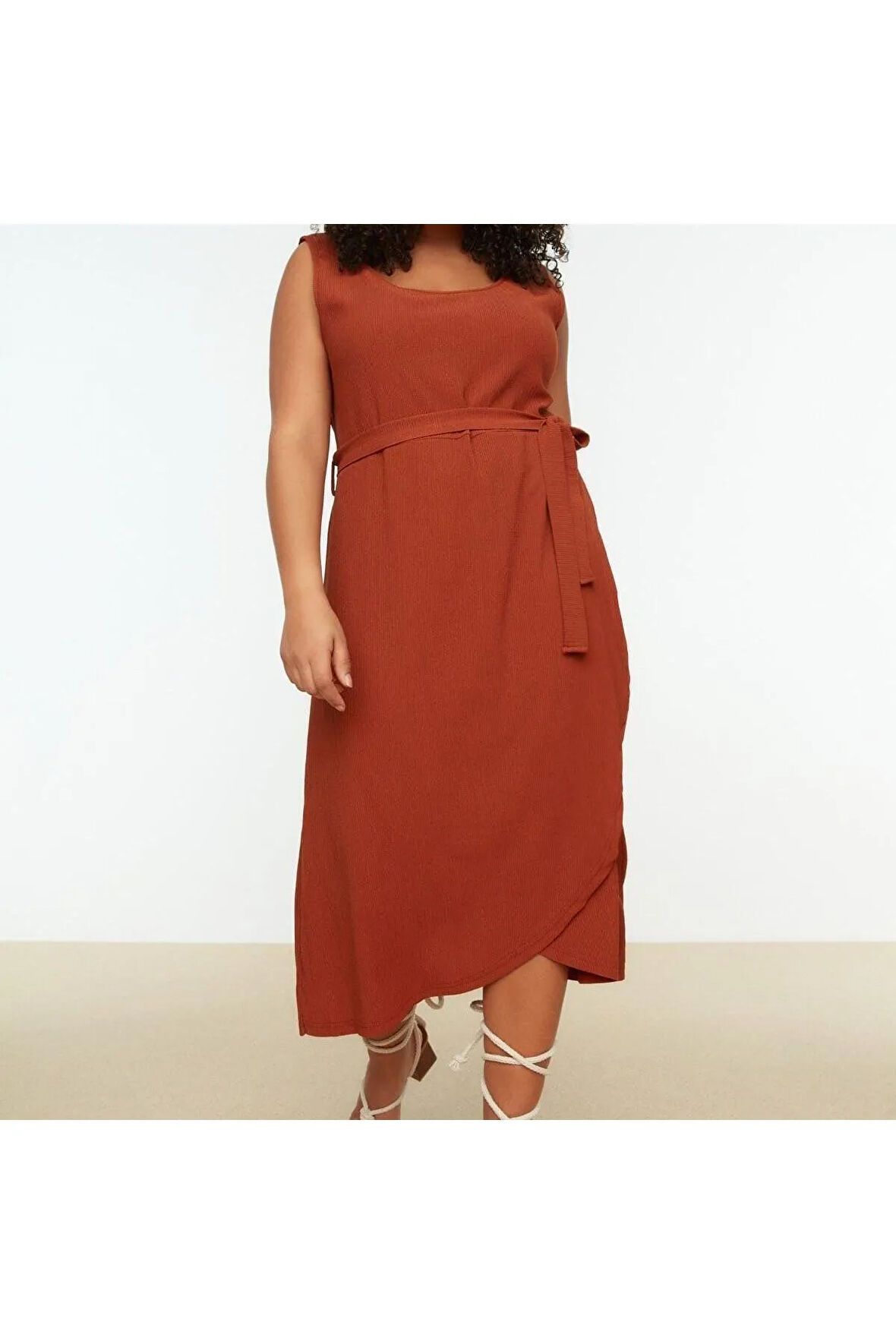 Yeni Slim Casual Günlük Bürümcük Örme U Yaka Kolsuz Kol Anvelop Midi Boy Büyük Beden Elbise