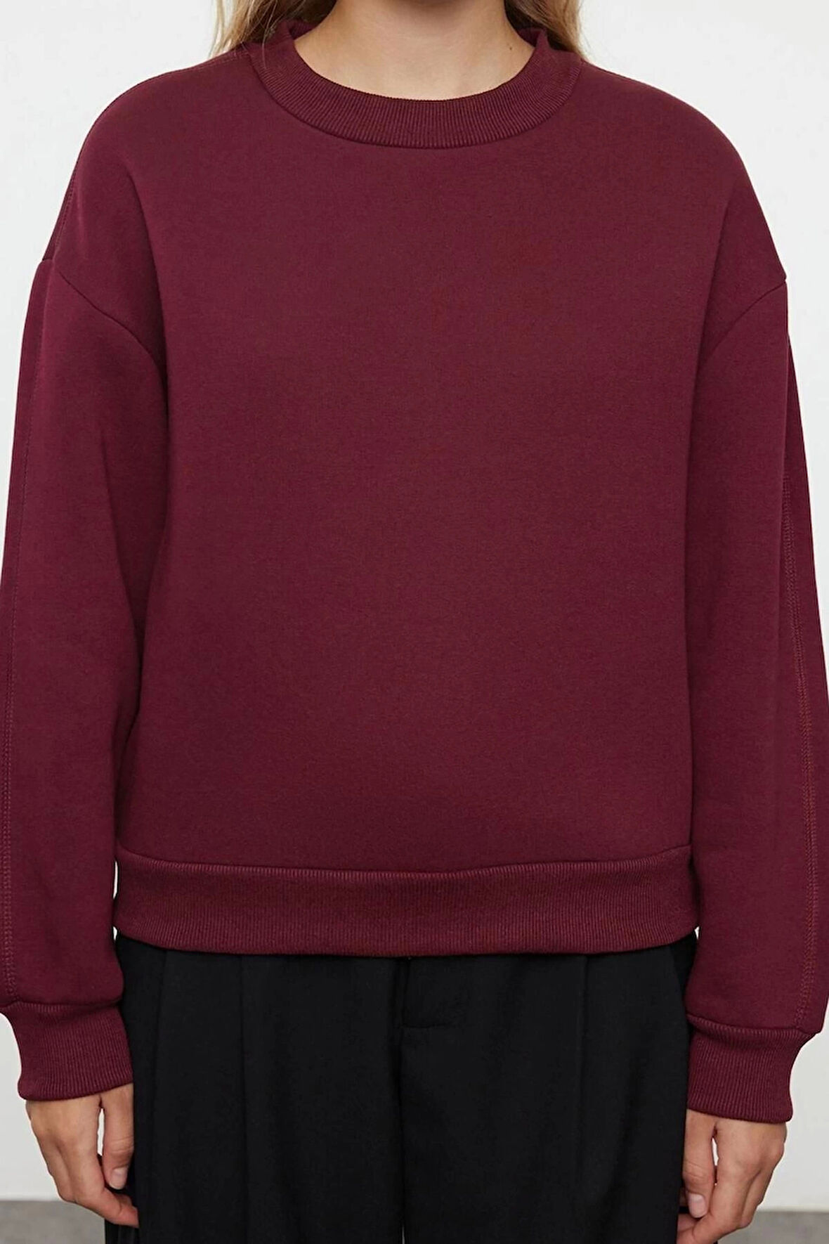 Kadın Moda Şık Relaxed Dik Yaka Düşük Kol Regular Kalın İçi Polarlı Rahat Kalıp Örme Sweatshirt
