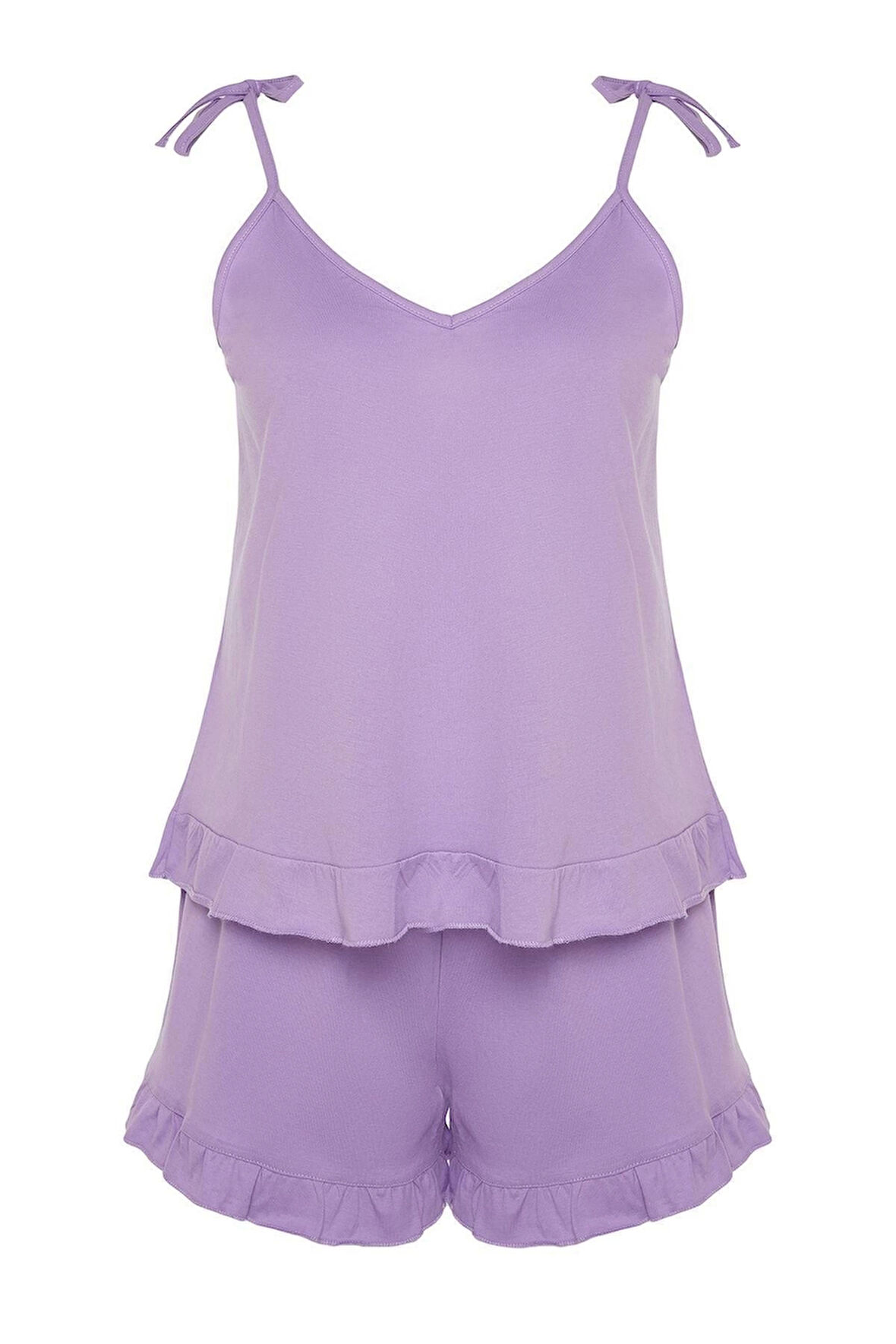 Büyük Beden Kadın Pamuklu V Yaka Askılı Kol Askılı Örme Fırfır Detaylı Pijama Takımı