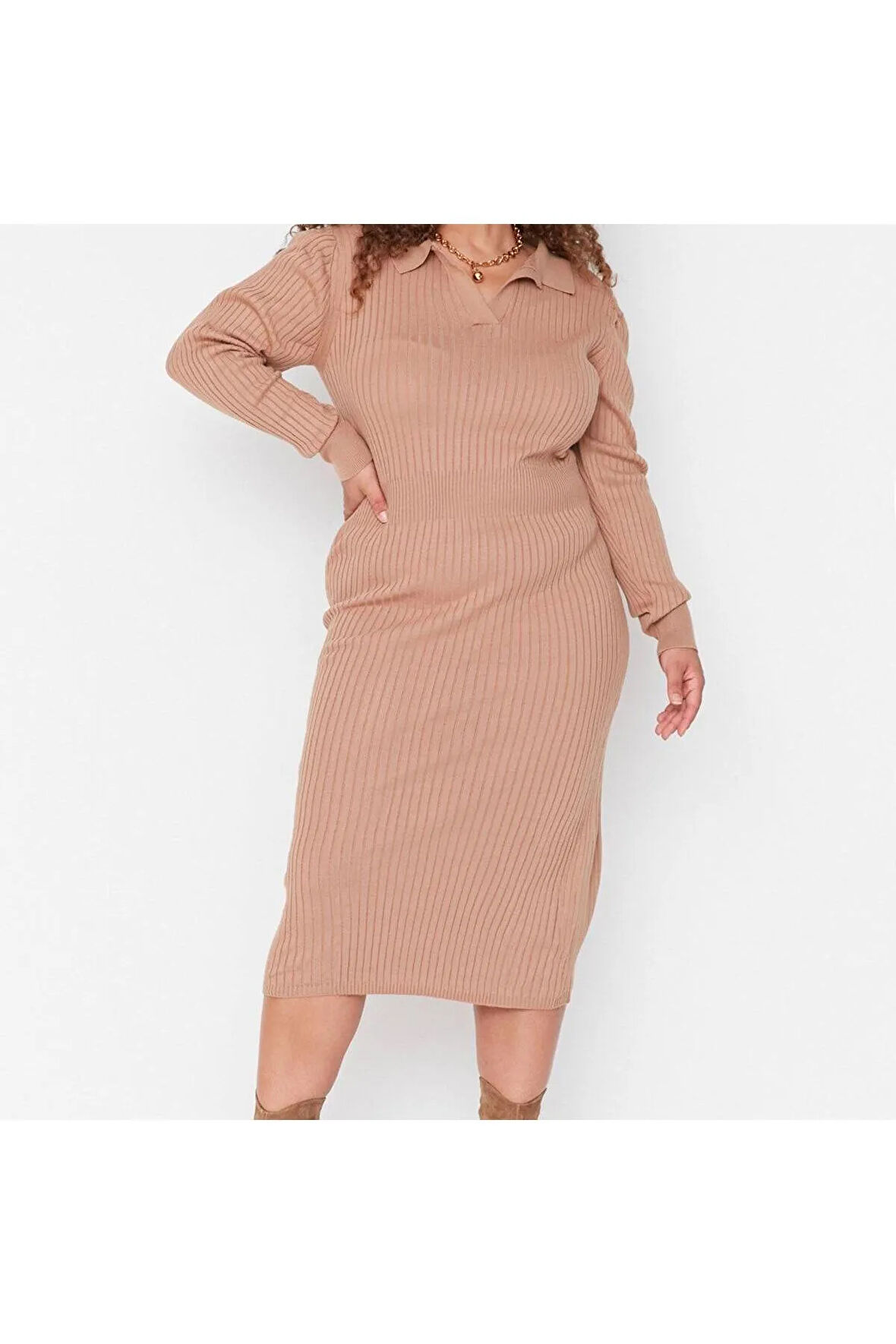 Yeni Fit Casual Günlük Fitilli Triko Polo Yaka Uzun Kol Bodycone Midi Boy Büyük Beden Elbise