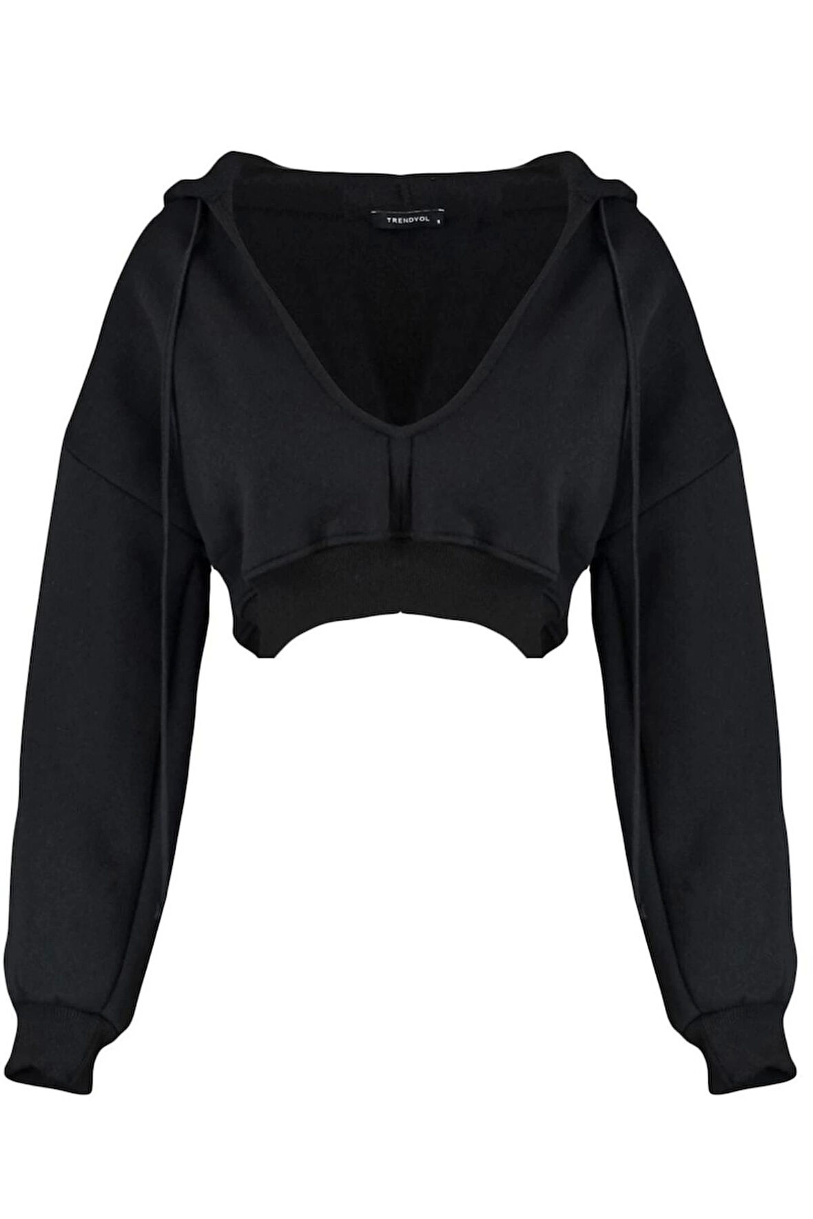Kadın Relaxed Kapüşonlu Düşük Kol Crop Kalın İçi Polarlı V Yaka Rahat Kesim Crop Örme Sweatshirt
