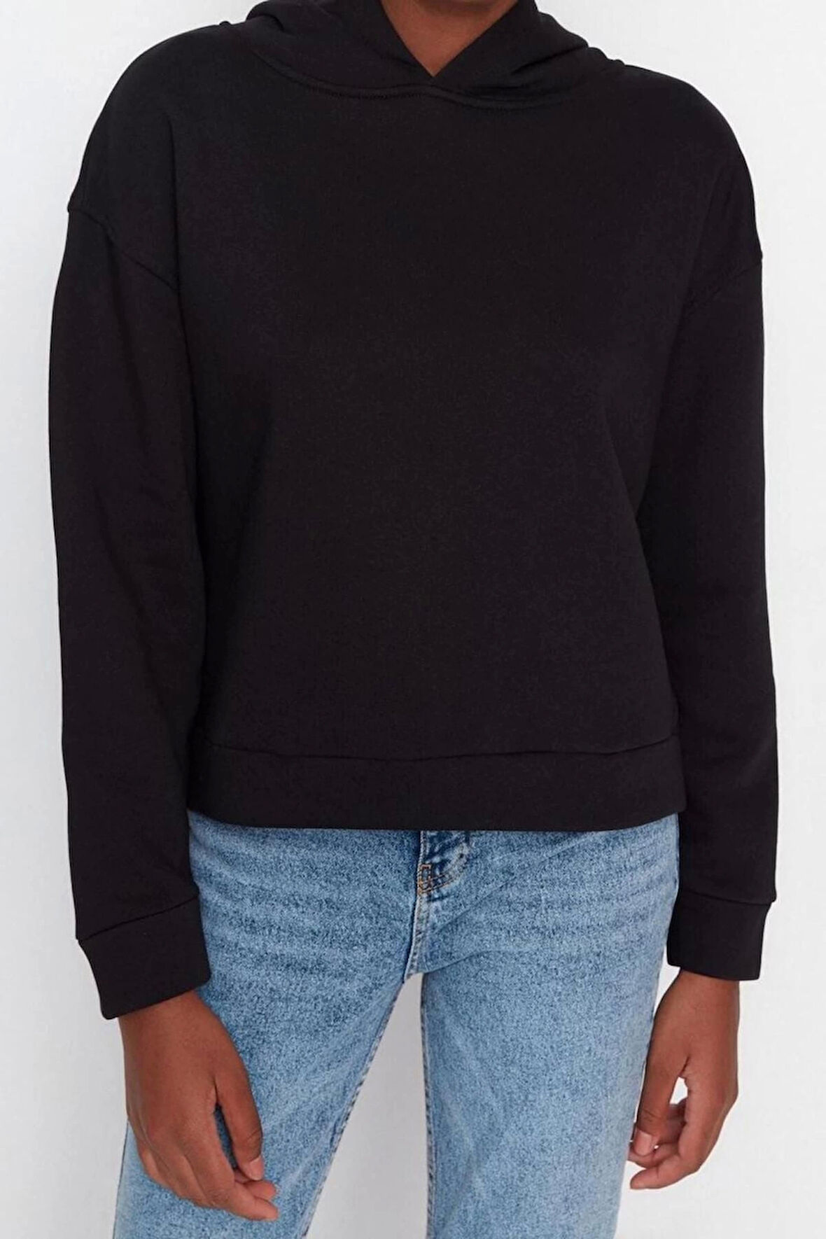 Kadın Moda Regular Kapüşonlu Düşük Kol Regular Normal Kalıp Basic Kalın İçi Polarlı Örme Sweatshirt