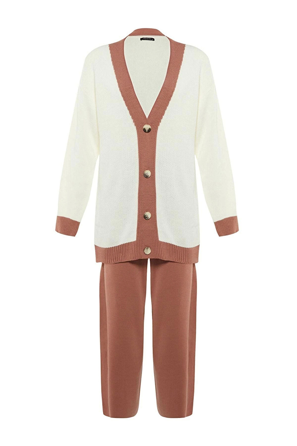 Kadın Moda Şık Geniş Paça Regular Boy Uzun Kollu Şerit Detaylı Hırka-Pantolon Triko Takım