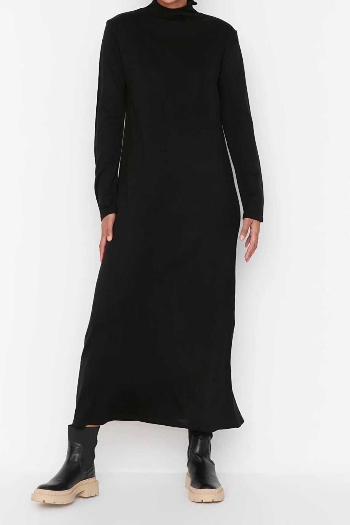 Yeni Regular Günlük Tek Plaka Triko Yarım Balıkçı Yaka Uzun Kol Shift Uzun Boy Tesettür Elbise