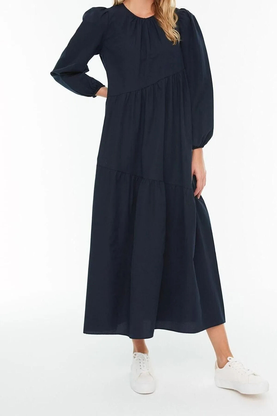 Yeni Regular Casual Günlük Terrycotton Dokuma Bisiklet Yaka Uzun Kol A-Line Maxi Boy Tesettür Elbise