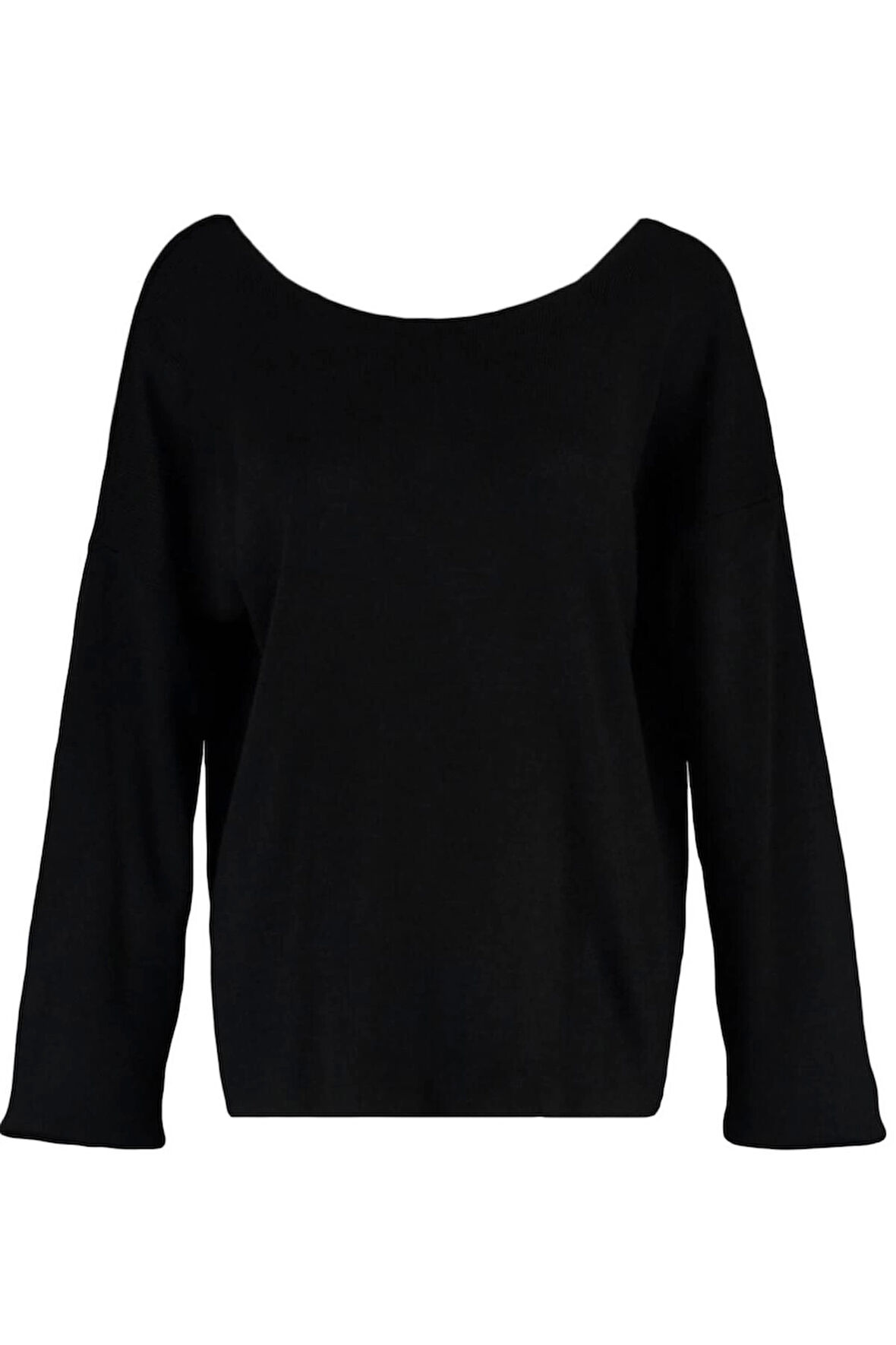 Kadın Büyük Beden Moda Şık Regular Bisiklet Yaka Uzun Kol Düz Sırtı Çapraz Bant Detaylı Triko Kazak