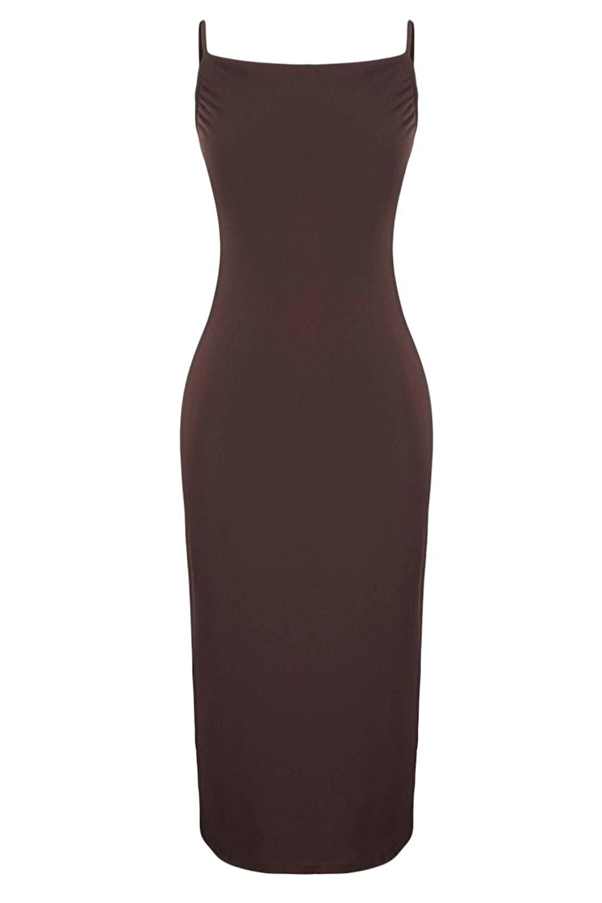 Yeni Slim Gündüz Gece Sandy Örme Degaje Yaka Askılı Kol Bodycone Midi Boy Elbise