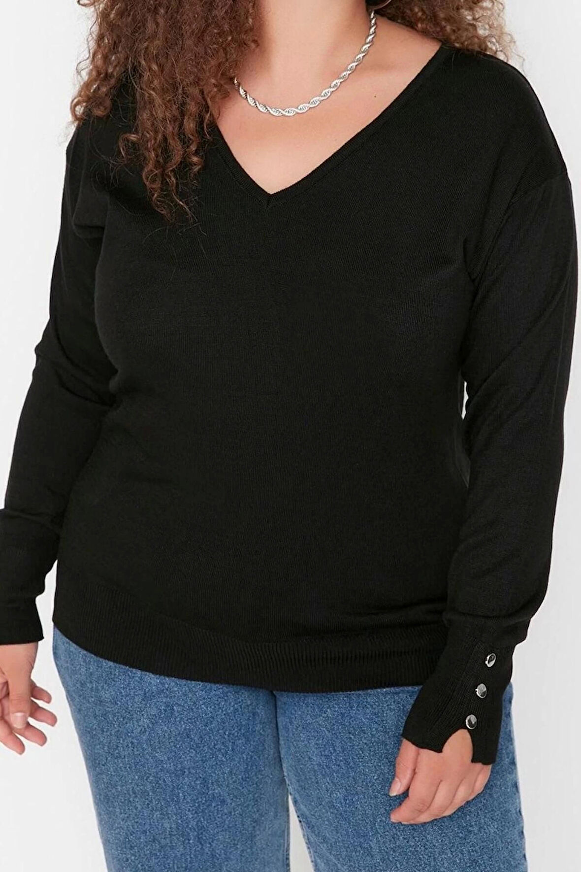 Kadın Büyük Beden Moda Şık Regular V Yaka Uzun Kol Düz Düğme Detaylı Triko Kazak