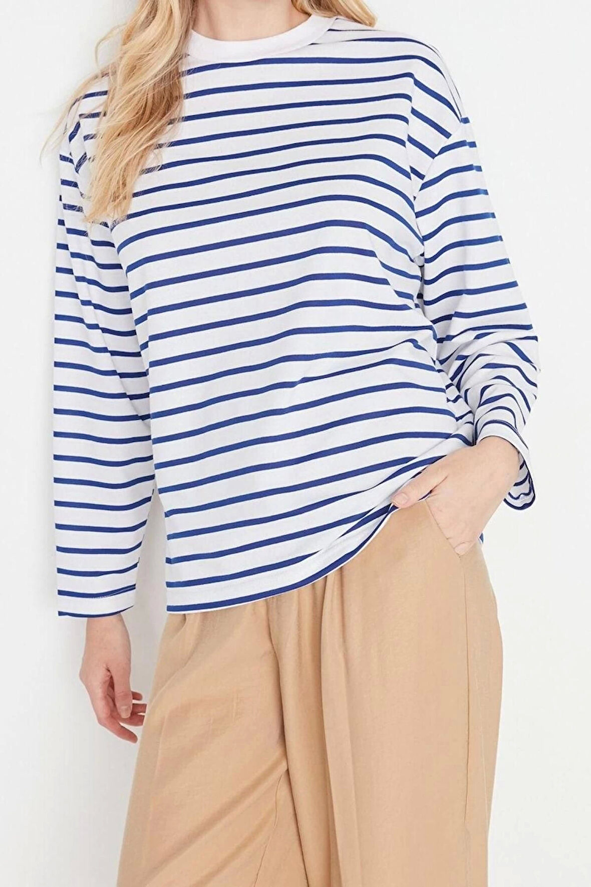 Kadın Moda Şık Oversize Bisiklet Yaka Düşük Kol Uzun Çizgili Geniş Kesim İnce Örme Sweatshirt