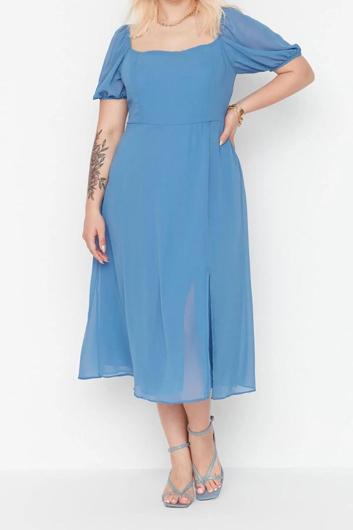 Yeni Fit Casual Günlük Şifon Dokuma Kare Yaka Kısa Kol A-Line Midi Boy Büyük Beden Elbise