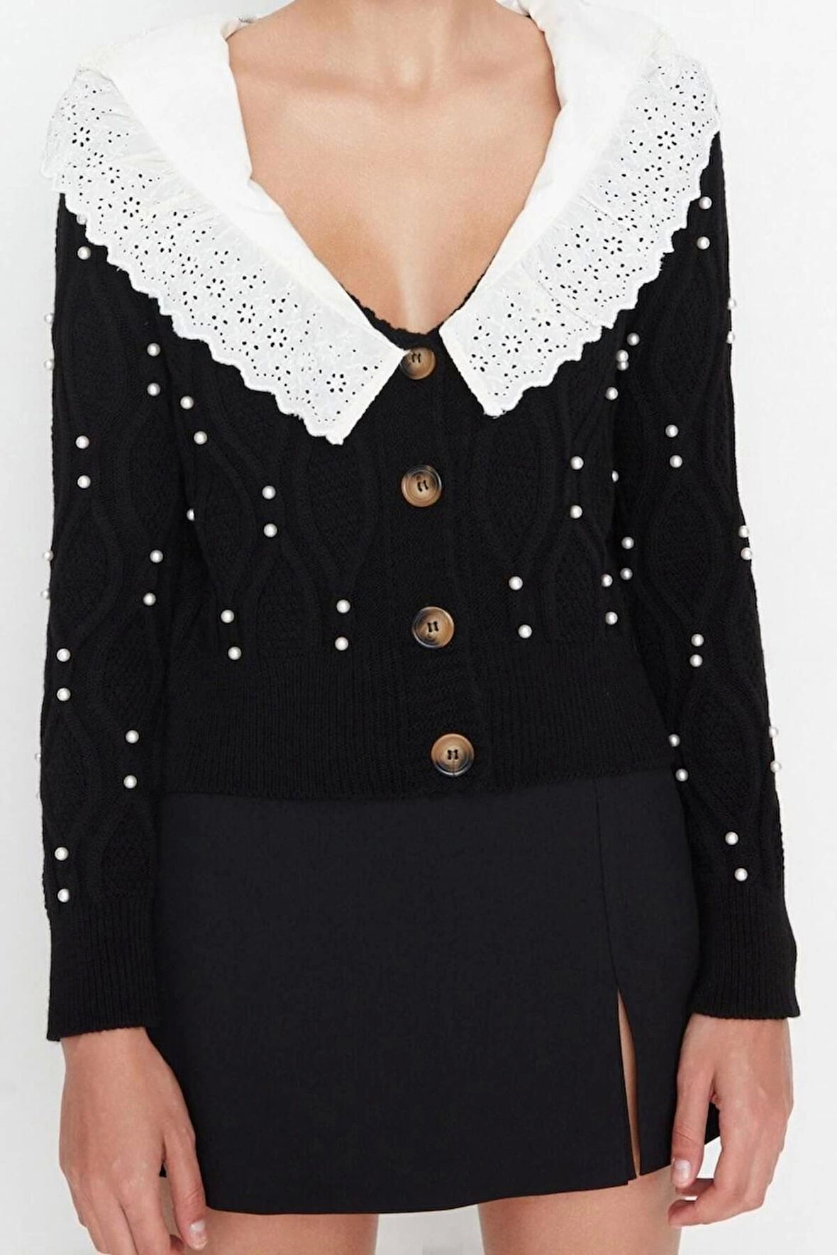 Kadın Moda Şık Regular Bebe Yaka Regular Gömlek Garni Yaka Detaylı Triko Hırka