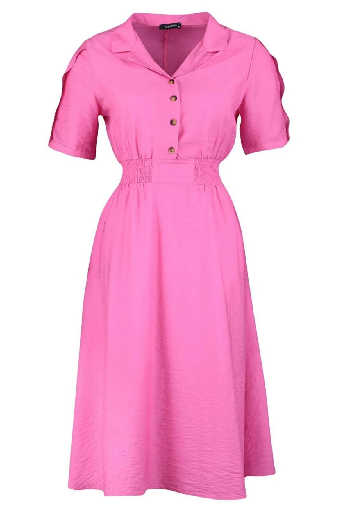 Yeni Rahat Casual Günlük Aerobin Dokuma Gömlek Yaka Kısa Kol A-Line Midi Boy Büyük Beden Elbise