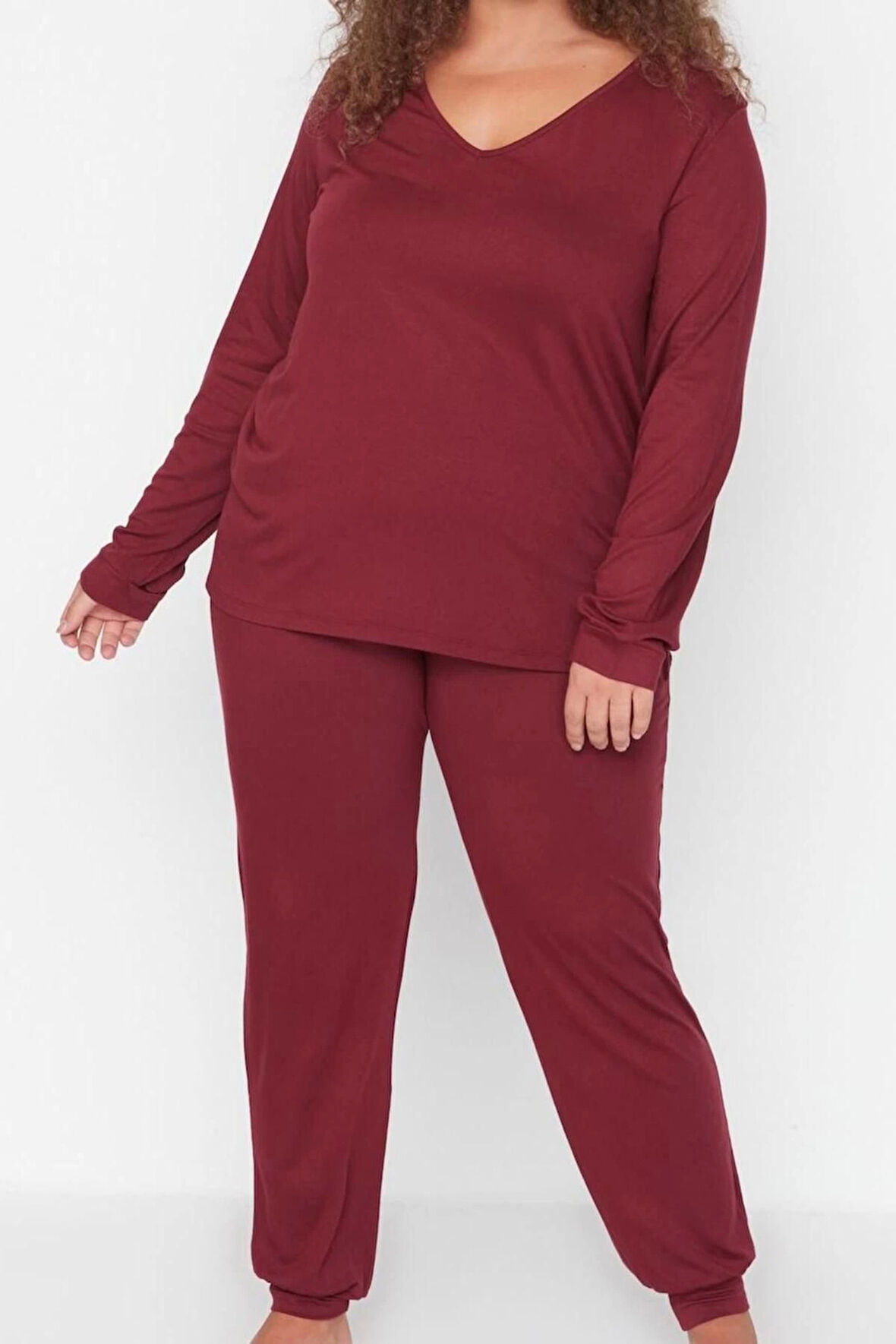 Kadın Moda Şık Büyük Beden V Yaka Geniş Paça Uzun Kol Süprem Örme Pijama Takımı