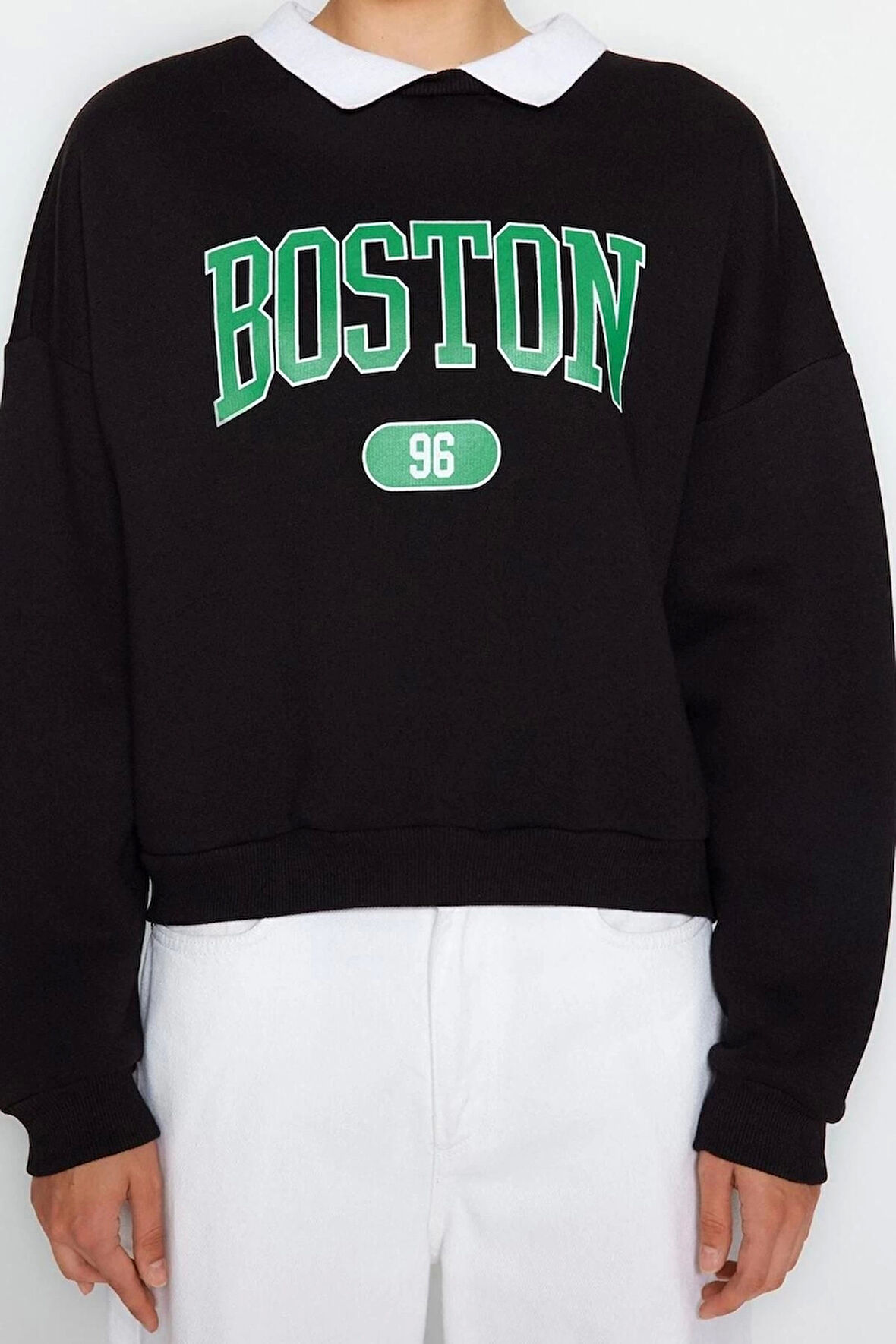 Kadın Moda Şık Regular Polo Yaka Düşük Kol Regular Baskılı Boyfriend Şardonlu Örme Sweatshirt