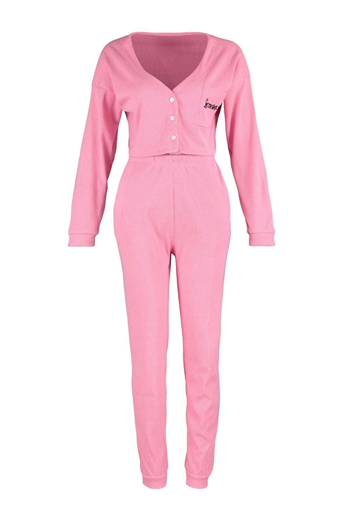 Kadın Moda Şık V Yaka Boru Paça Uzun Kol Fitilli Pamuklu Nakışlı Örme Pijama Takımı