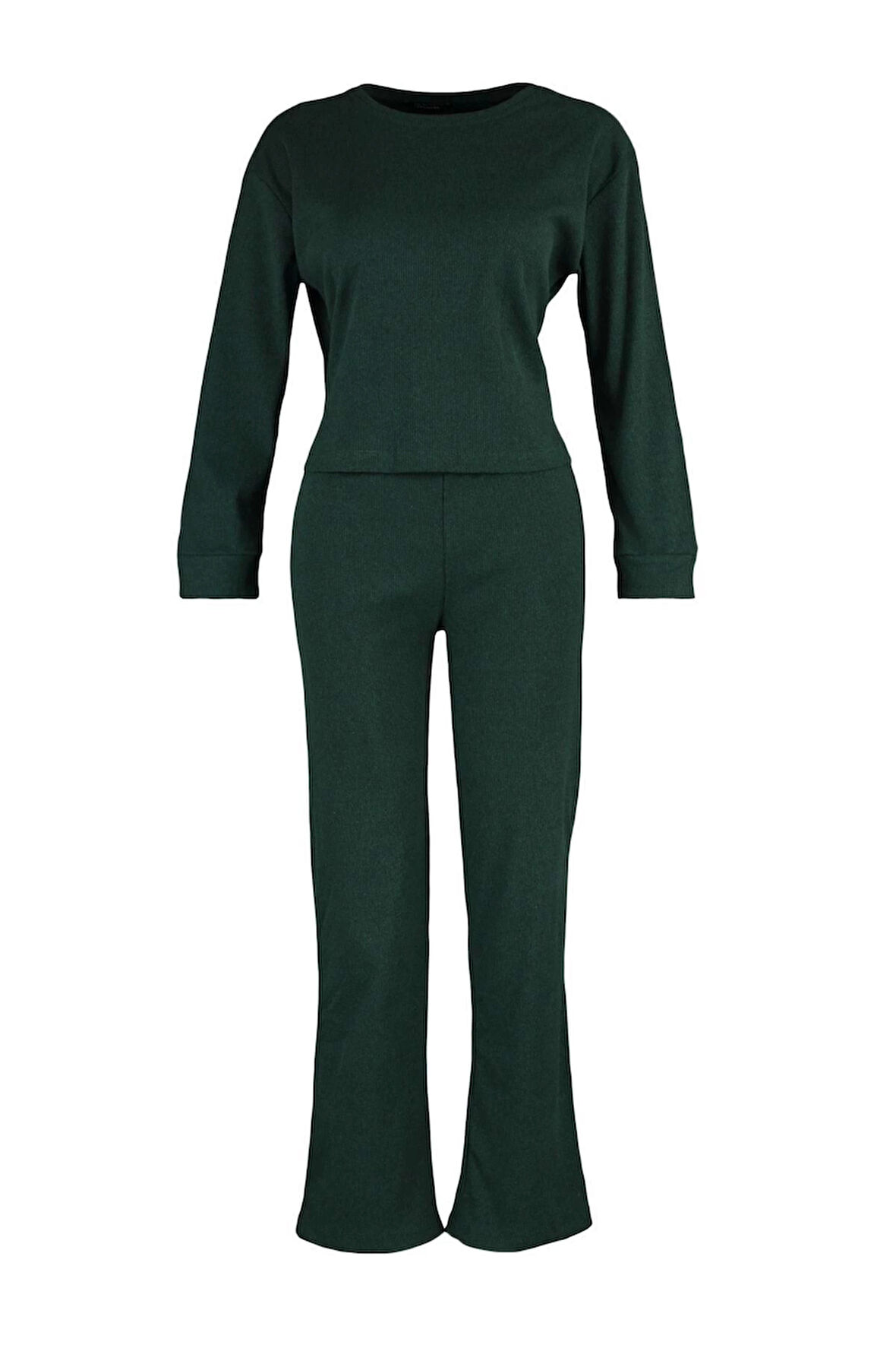 Kadın Moda Şık Bisiklet Yaka Boru Paça Uzun Kol Fitilli Örme Pijama Takımı