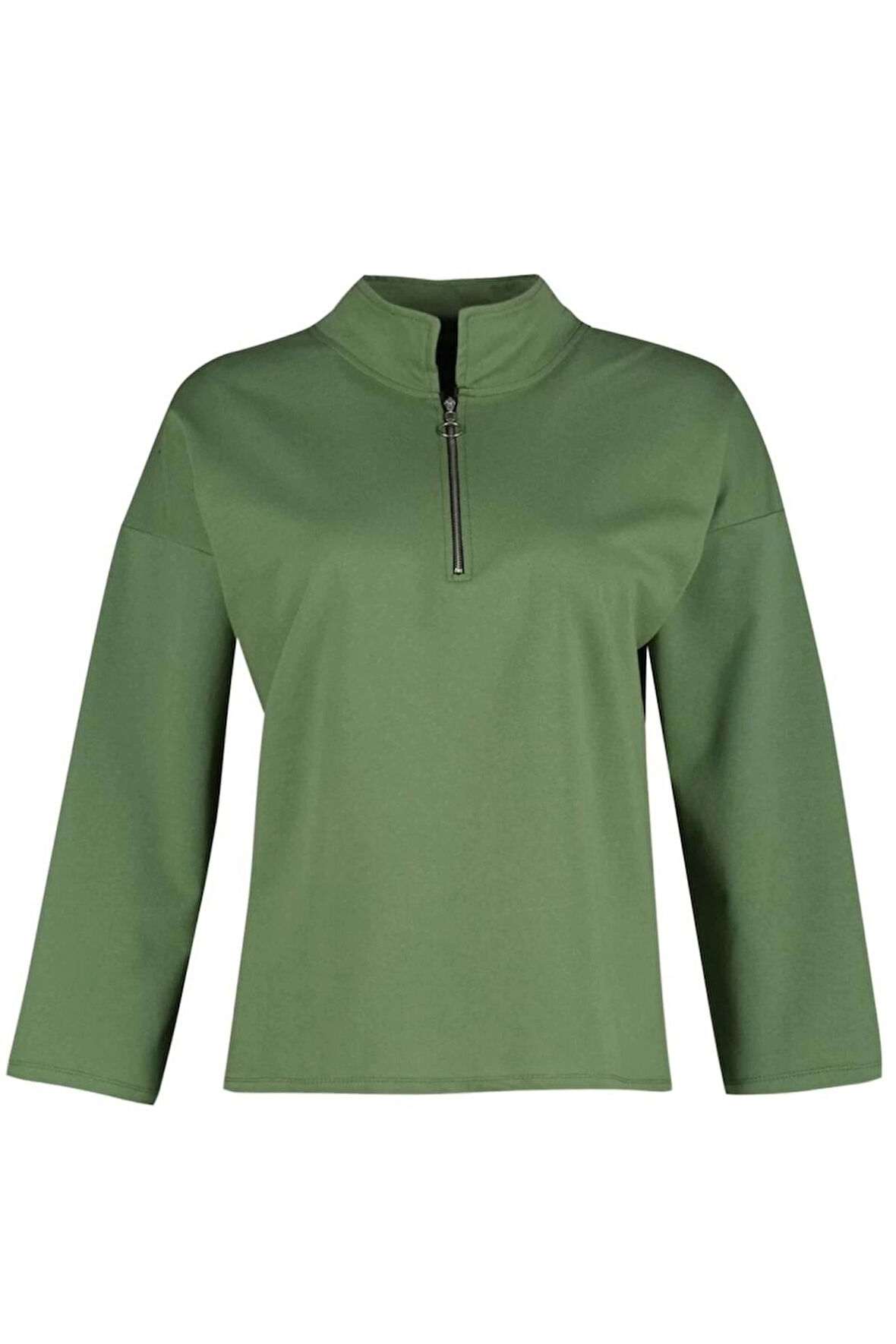 Kadın Büyük Beden Oversize Polo Yaka Düşük Kol Regular Fermuarlı Yüksek Yakalı İnce Örme Sweatshirt