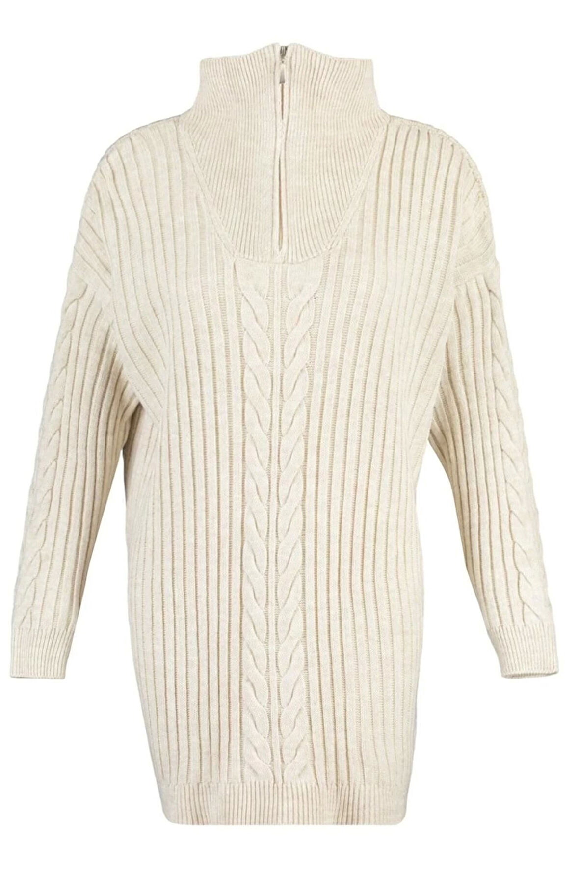 Kadın Tesettür Regular Yarım Balıkçı Yaka Uzun Kol Saç Örgü Selanik Örgülü Fermuarlı Triko Kazak