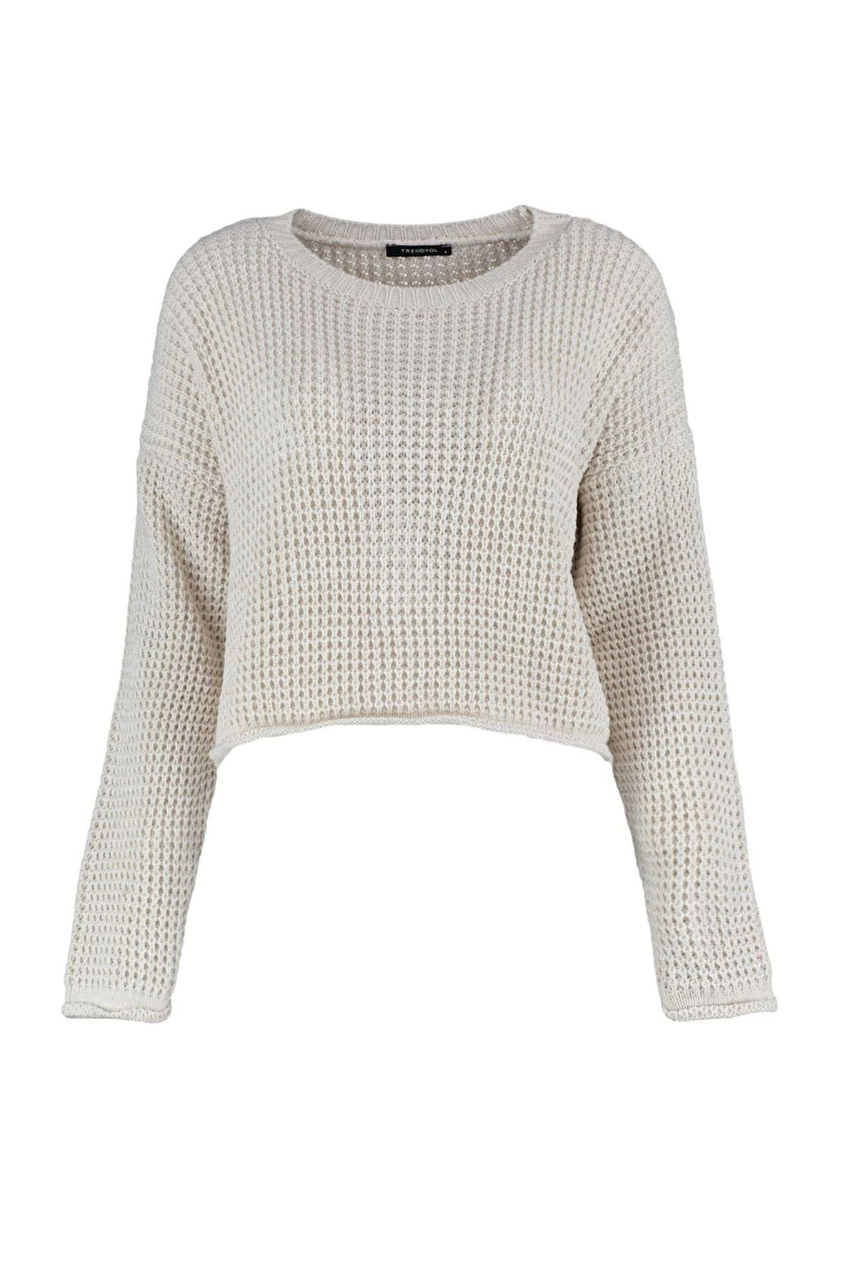 Kadın Moda Şık Bisiklet Yaka Düşük Kol Crop Geniş Kalıp Triko Kazak