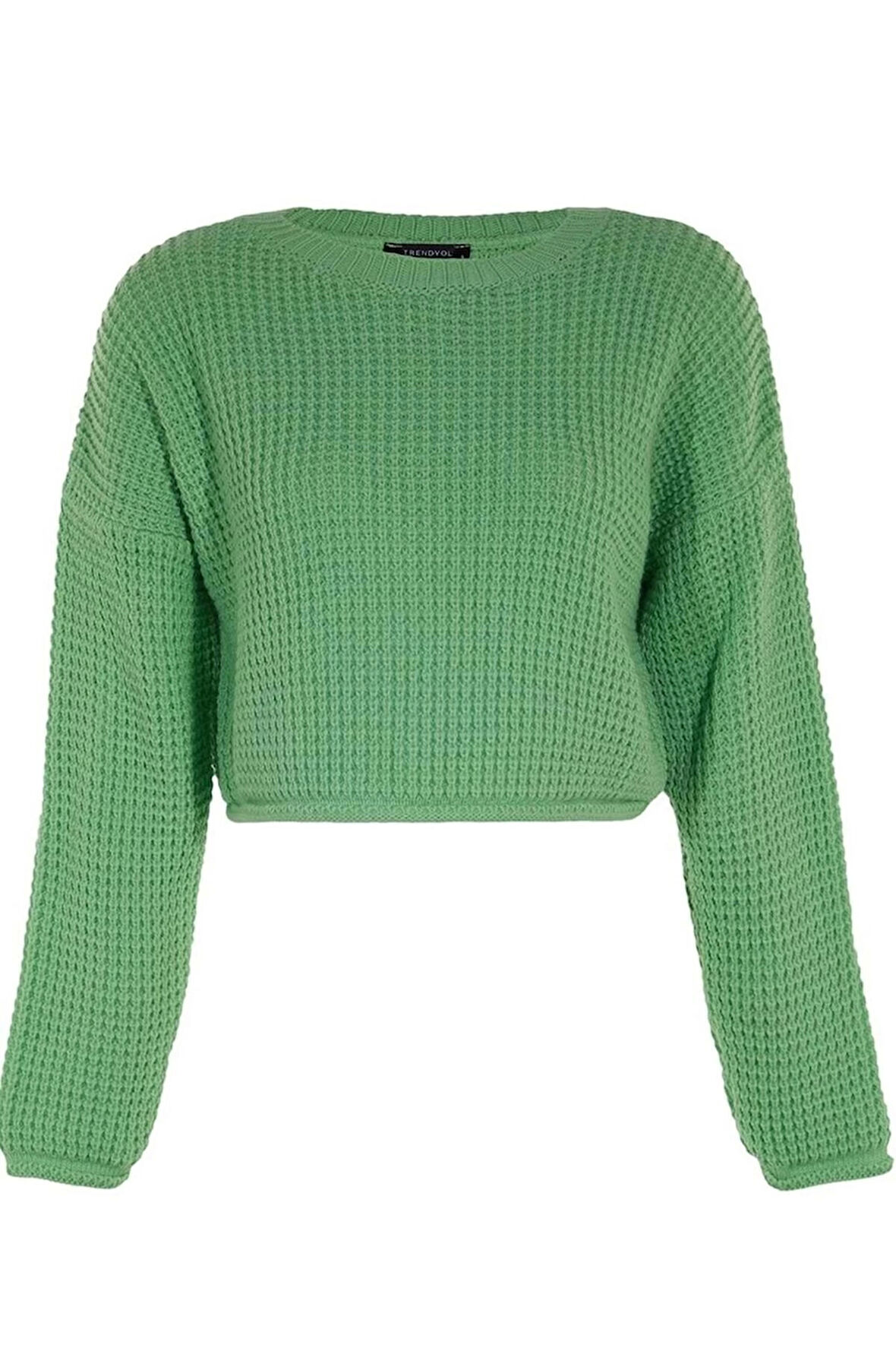 Kadın Moda Şık Crop Bisiklet Yaka Uzun Kol Dokulu Crop Geniş Kalıp Triko Kazak