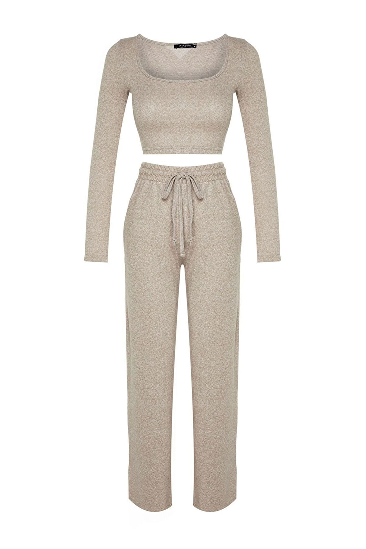 Kadın Moda Şık Geniş Paça Uzun Boy Uzun Kollu Yumoş Crop ve Geniş Paça Örme Alt Üst Takım