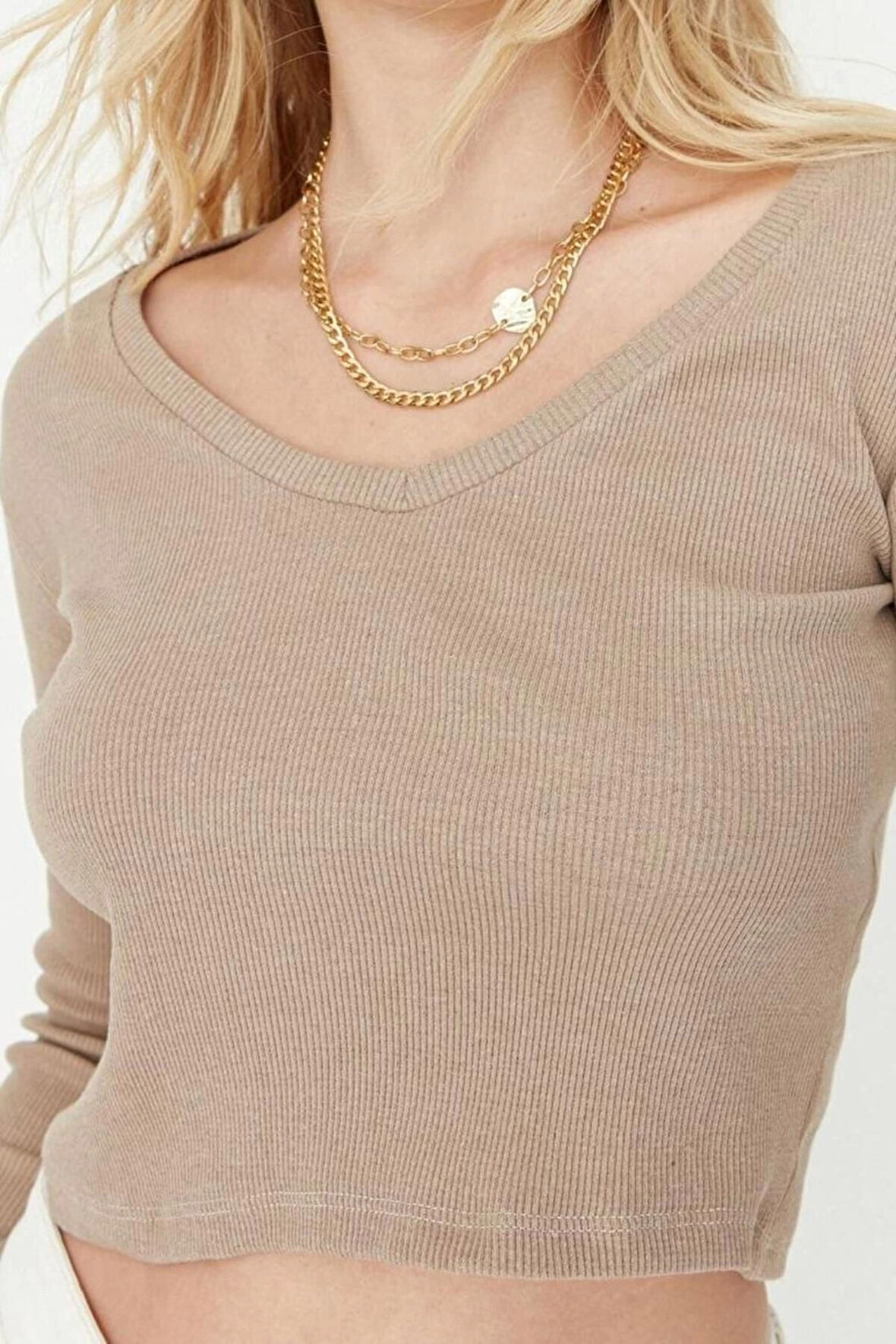 Kadın Moda Şık Crop V Yaka Slim Kalıp Örme 2li Paket Fitted Vücuda Oturan Fitilli Esnek Bluz