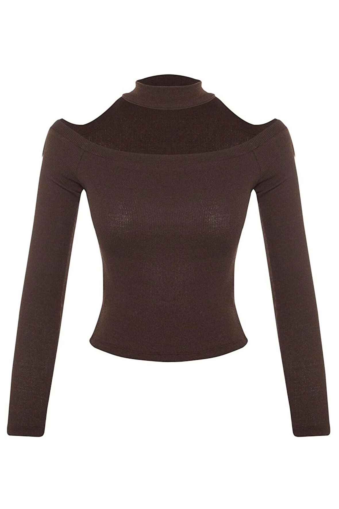 Kadın Crop Choker Yaka Slim Kalıp Örme Carmen Yaka Choker Detaylı Fitted Vücuda Oturan Fitilli Bluz