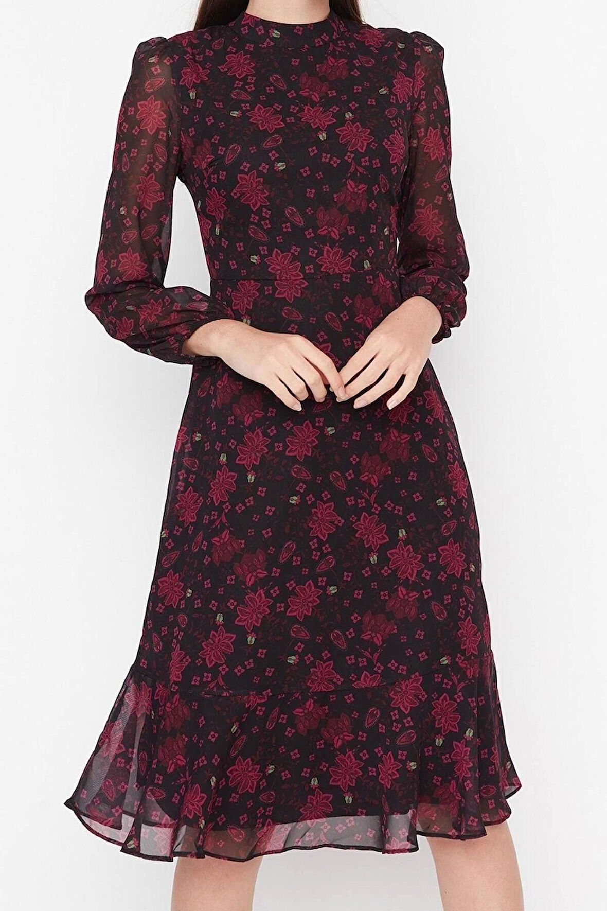 Yeni Regular Gündüz Gece Şifon Dokuma Dik Yaka Uzun Kol A-Line Midi Boy Elbise