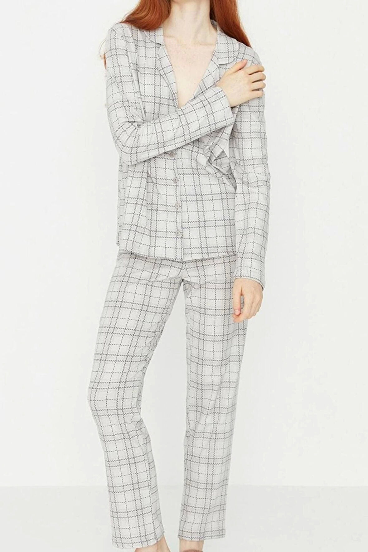Kadın Moda Şık Gömlek Yaka Boru Paça Uzun Kol %100 Pamuklu Ekoseli Örme Pijama Takımı