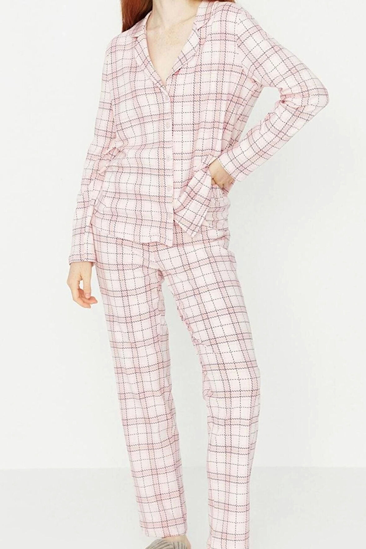 Kadın Moda Şık Gömlek Yaka Boru Paça Uzun Kol %100 Pamuklu Ekoseli Örme Pijama Takımı