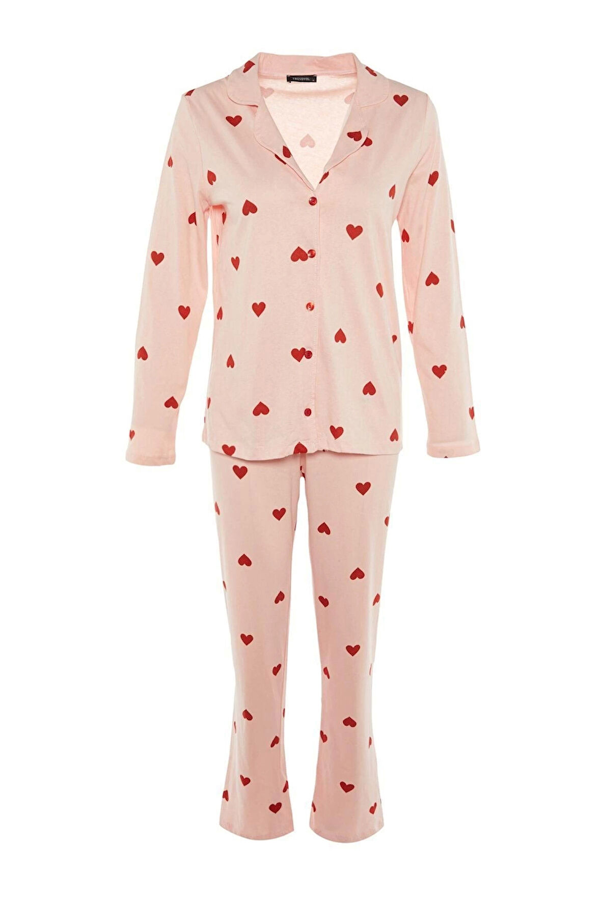 Kadın Moda Şık Ceket Yaka Boru Paça Uzun Kol %100 Pamuklu Kalp Desenli Örme Pijama Takımı