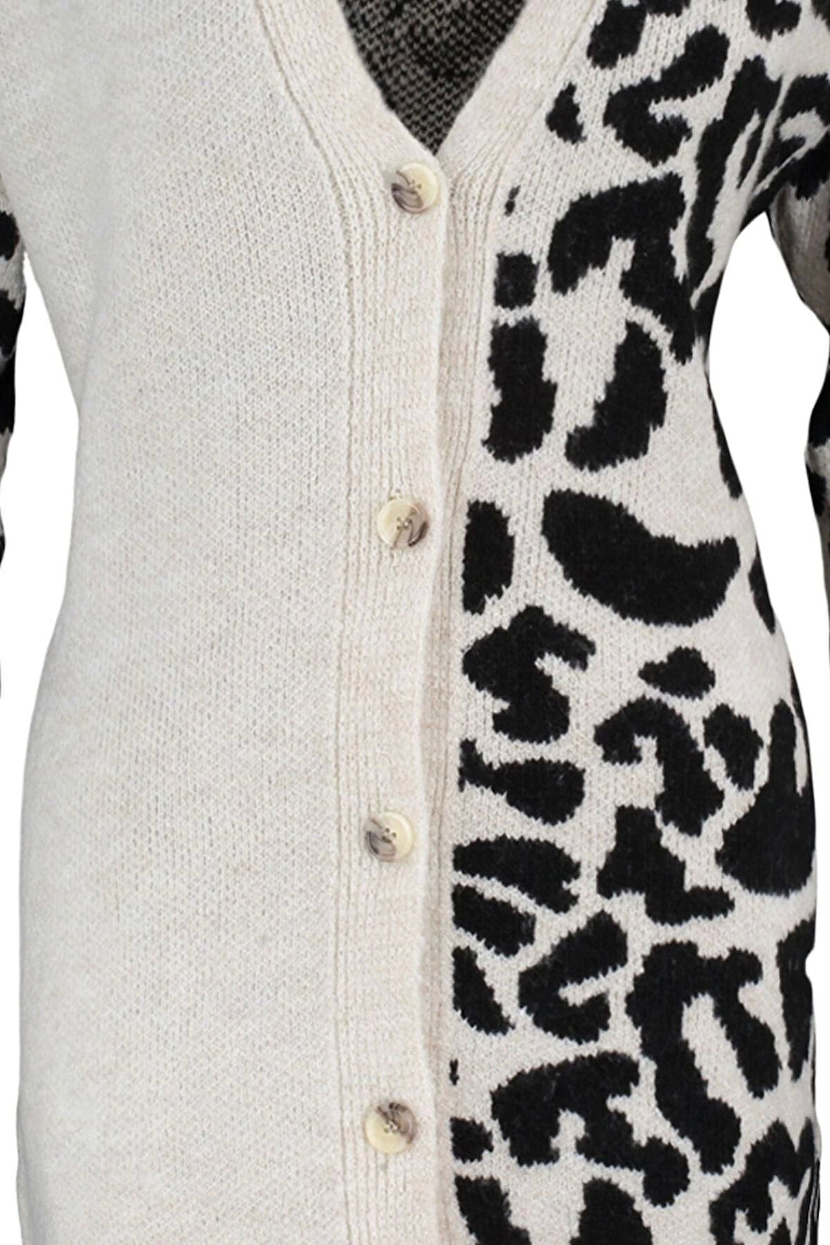 Kadın Büyük Beden Moda Şık Regular V Yaka Uzun Kol Animal Desenli Triko Hırka