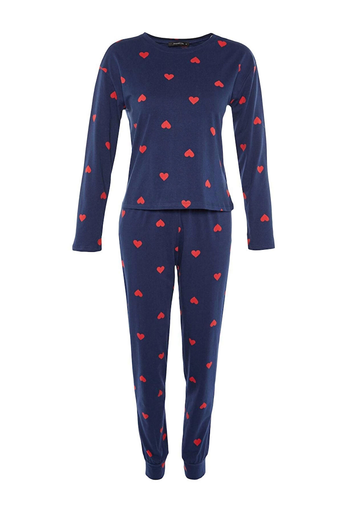 Kadın Moda Şık Bisiklet Yaka Boru Paça Uzun Kol %100 Pamuklu Kalpli Örme Pijama Takımı