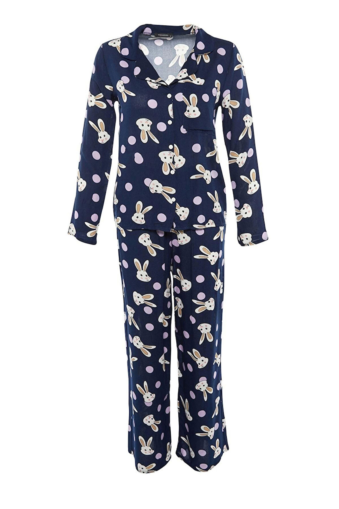 Kadın Moda Şık Gömlek Yaka Boru Paça Uzun Kol Tavşan Desenli Viskon Dokuma Pijama Takımı