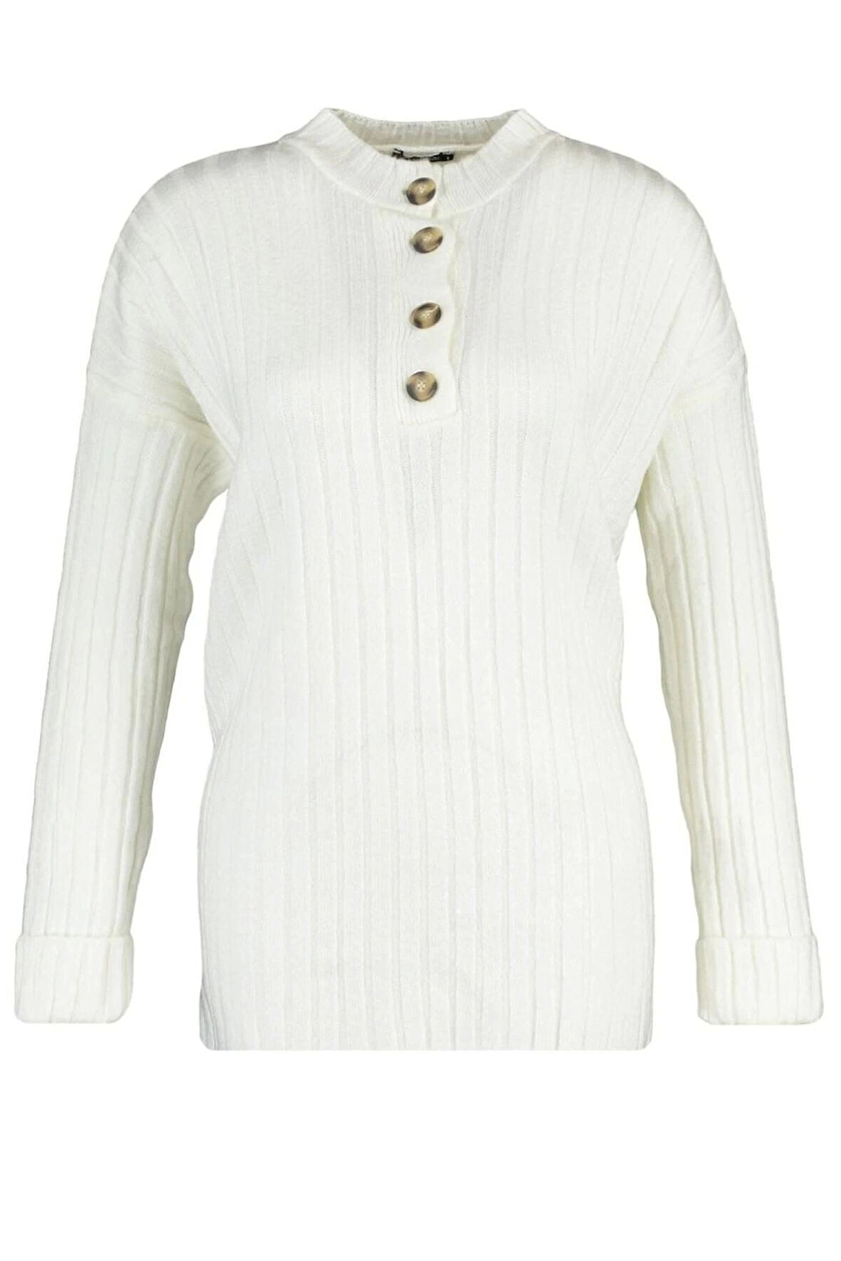 Kadın Tesettür Moda Şık Regular Düğmeli Yaka Uzun Kol Düz Yakası Düğmeli Fitilli Triko Kazak