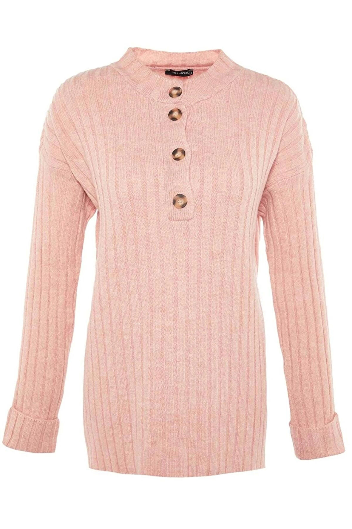 Kadın Tesettür Moda Şık Regular Düğmeli Yaka Uzun Kol Düz Yakası Düğmeli Fitilli Triko Kazak