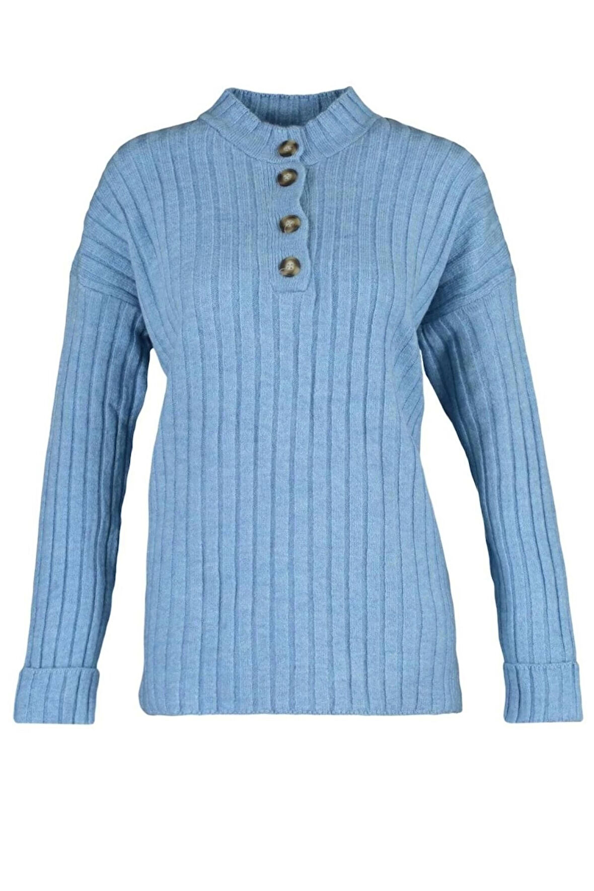 Kadın Tesettür Moda Şık Regular Düğmeli Yaka Uzun Kol Düz Yakası Düğmeli Fitilli Triko Kazak