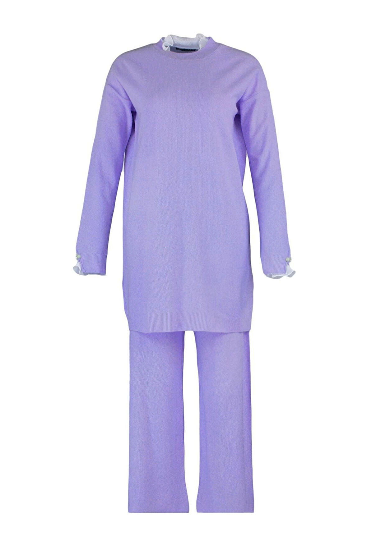 Kadın Moda Şık Geniş Paça Regular Boy Uzun Kollu İnci ve Tül Detaylı Kazak-Pantolon Triko Takım
