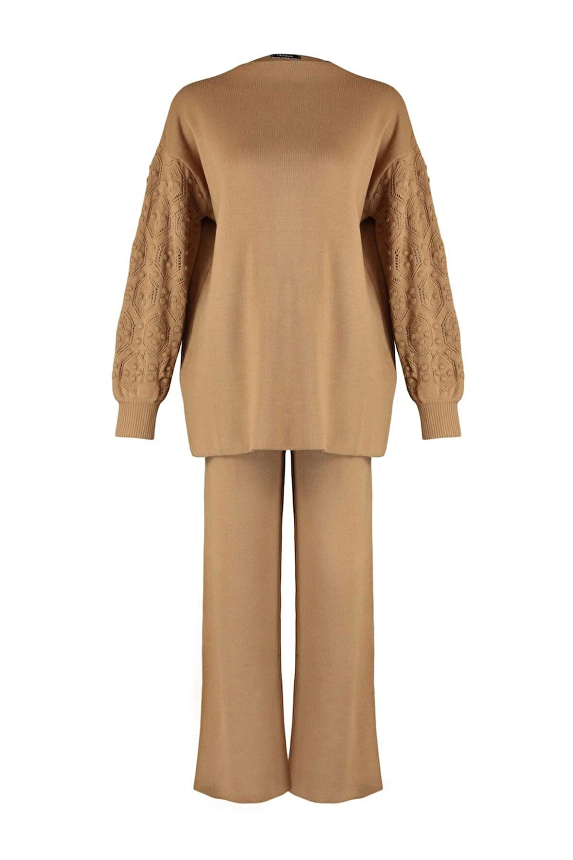 Kadın Moda Şık Geniş Paça Regular Boy Uzun Kollu Kolları Ajur Örgülü Kazak-Pantolon Triko Takım