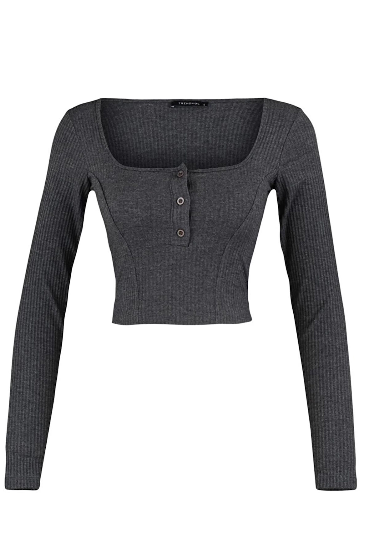 Kadın Moda Şık Crop Kare Yaka Slim Kalıp Örme Düğme Detaylı Fitted Vücuda Oturan Fitilli Esnek Bluz