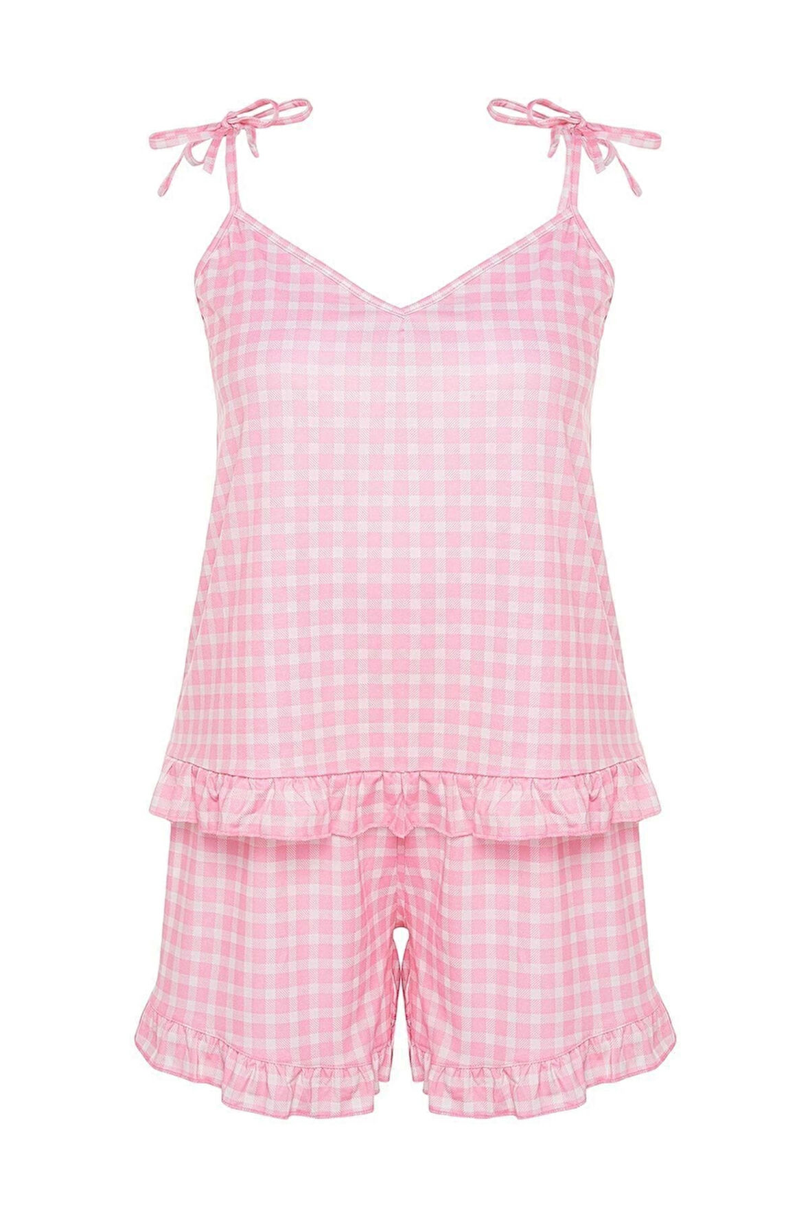 Büyük Beden Kadın Polyester V Yaka Askılı Kol Baskılı Askılı Örme Pijama Takımı