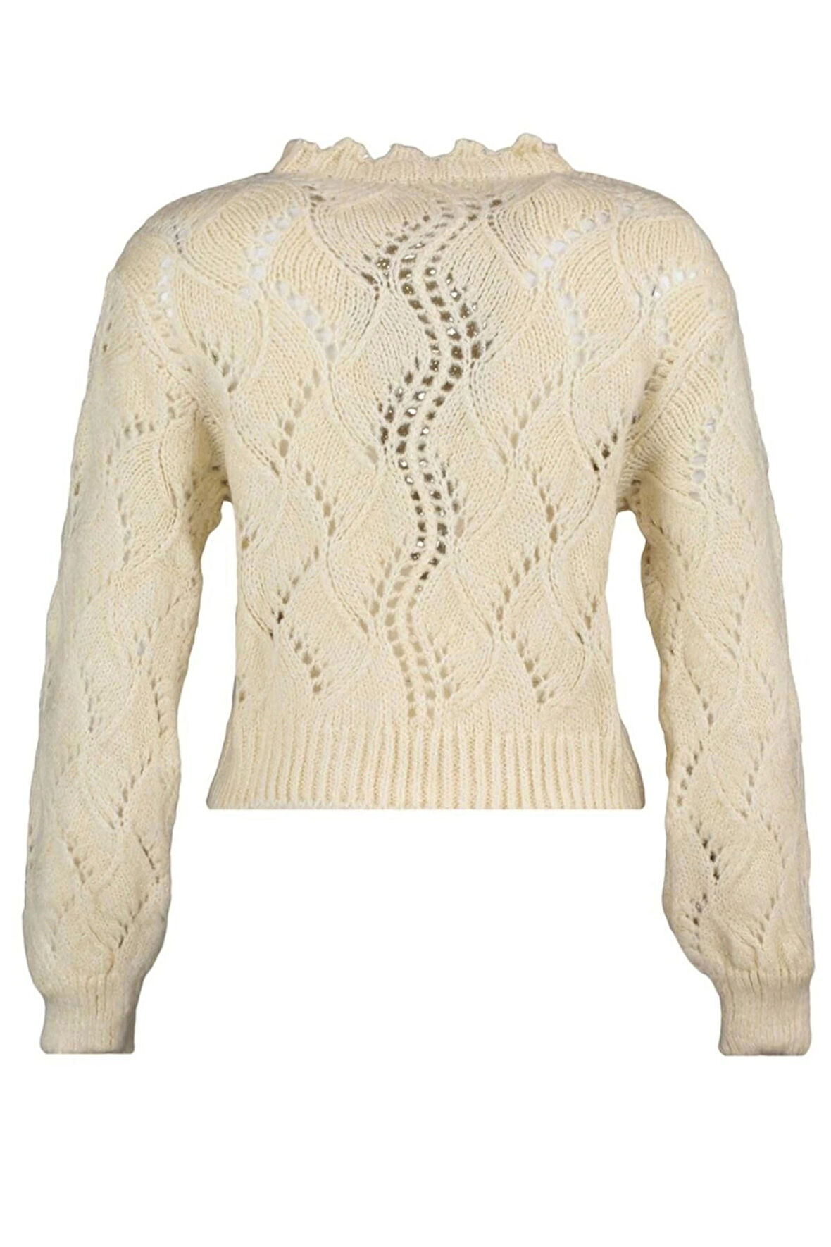 Kadın Moda Şık Crop Dik Yaka Uzun Kol Ajurlu Yumuşak Dokulu Delikli Triko Kazak