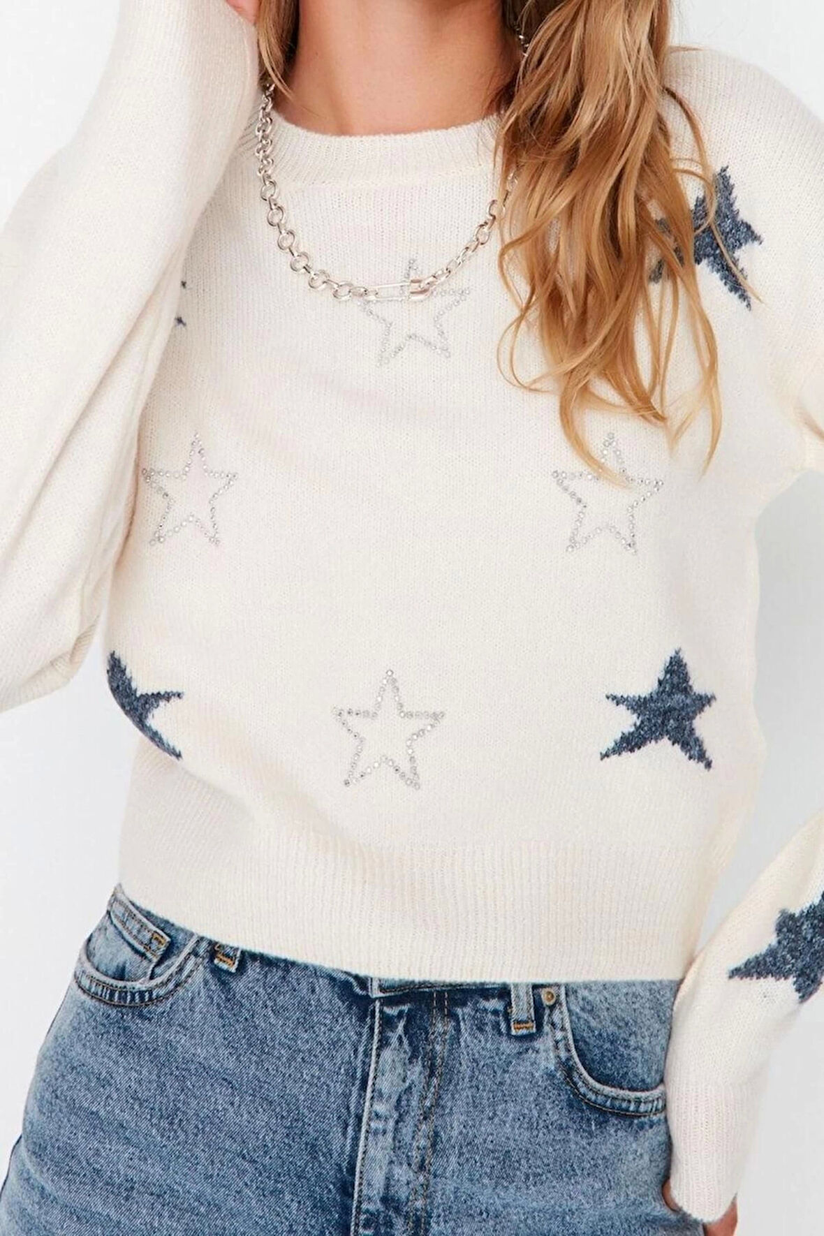 Kadın Moda Şık Crop Bisiklet Yaka Uzun Kol Geometrik Crop Yumuşak Dokulu Yılbaşı Temalı Triko Kazak