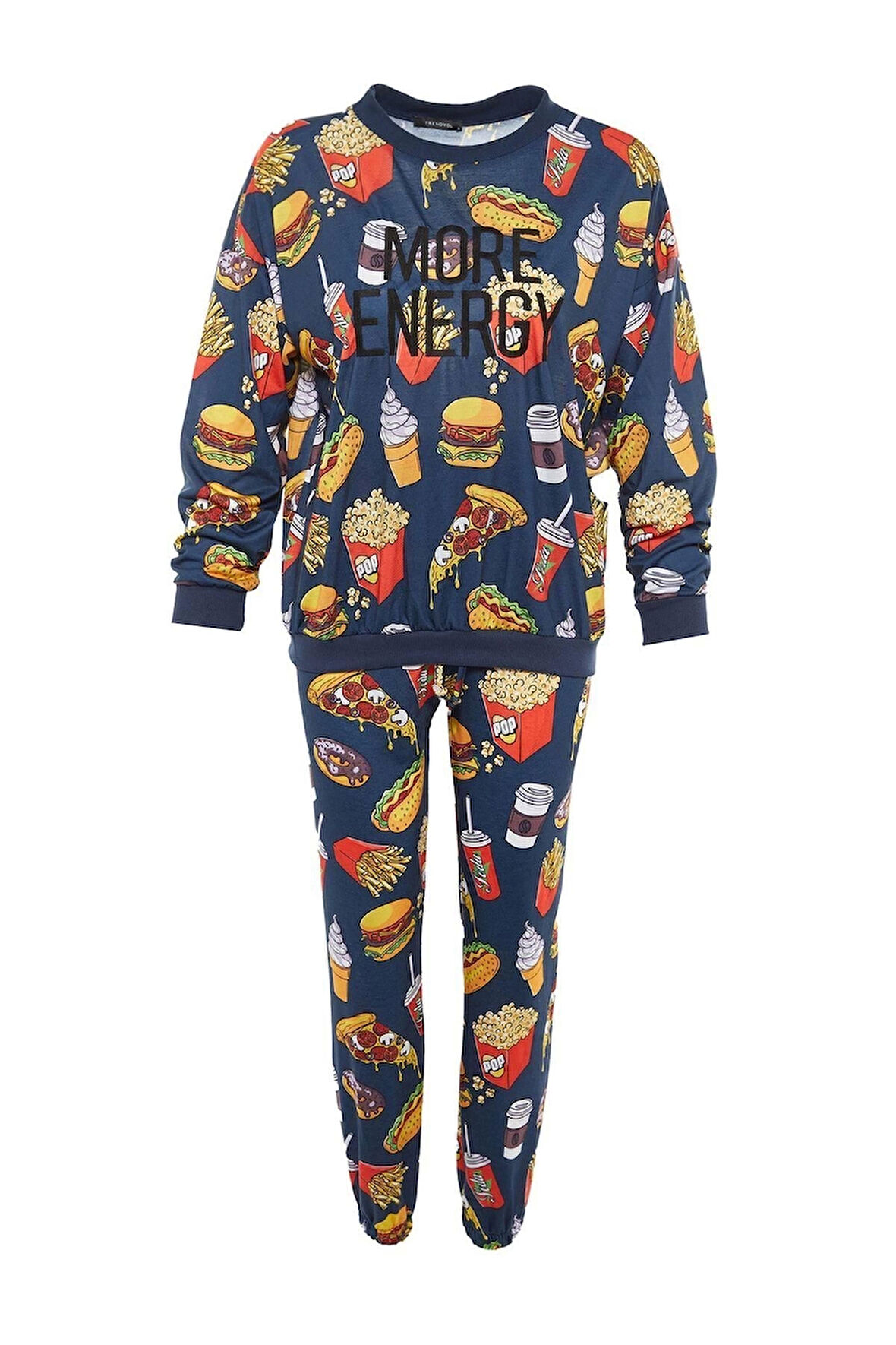 Kadın Moda Şık Bisiklet Yaka Boru Paça Uzun Kol Nakışlı Desenli Sweatshirt-Jogger Örme Pijama Takımı